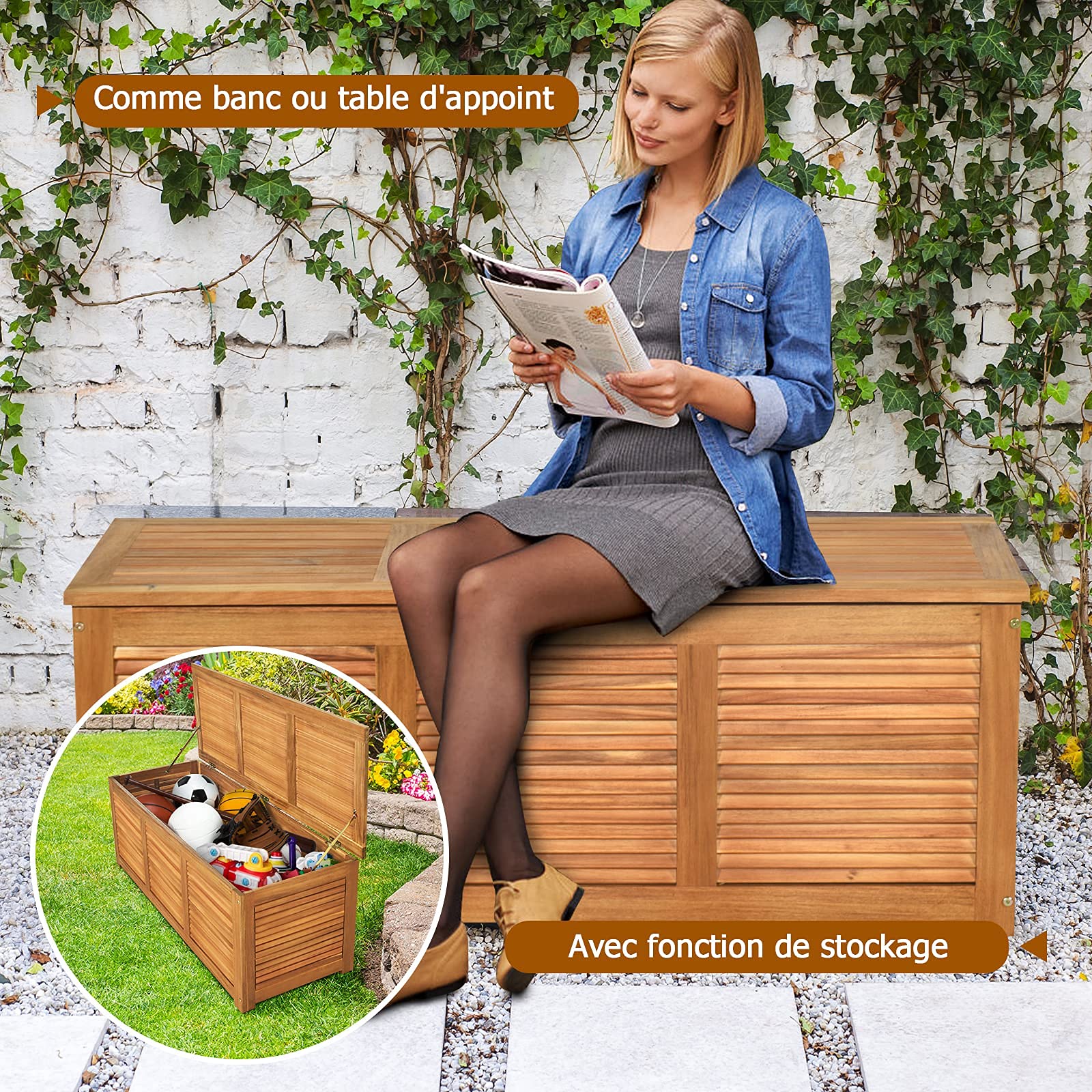 DREAMADE Coffre de Rangement en Bois avec charnières en métal 120X45X45CM pour Stockage d'Outils et Jouets, Charge Max. 150KG comme Banc et Table d'Appoint