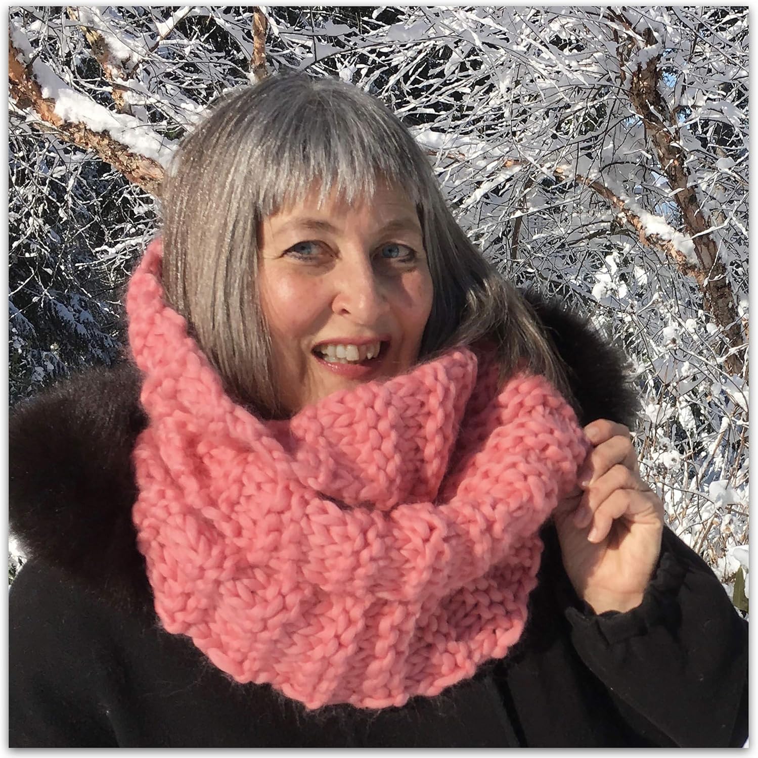 Air Merino Outlander Cowl Knit KIT Includes Super Soft Thick Air Merino Yarn, Big Needles and Written Pattern. Color: Flamingo