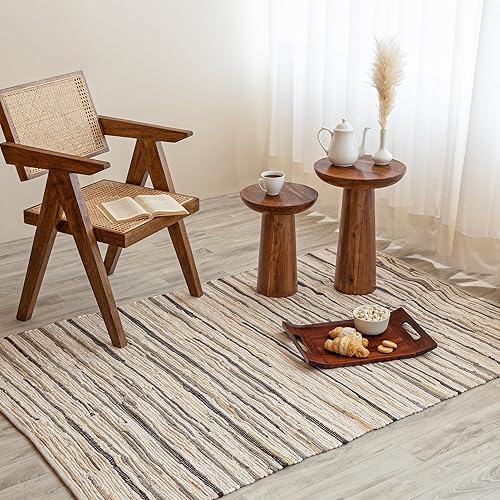 HOMEMONDE Alfombra Chindi beige de 3 x 5 pies, alfombra de trapo de algodón suave reciclado, hecha a mano, reversible, decoración bohemia para