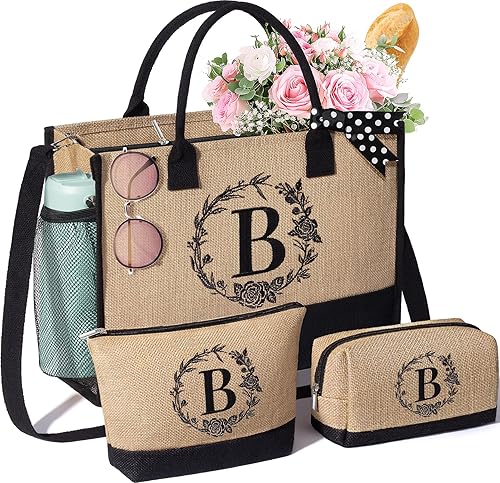Miniatura 21 de Regalos de Navidad personalizados para mujer, bolsa de mano con inicial de yute y bolsas de maquillaje, bolsa de playa con monograma con cremallera,