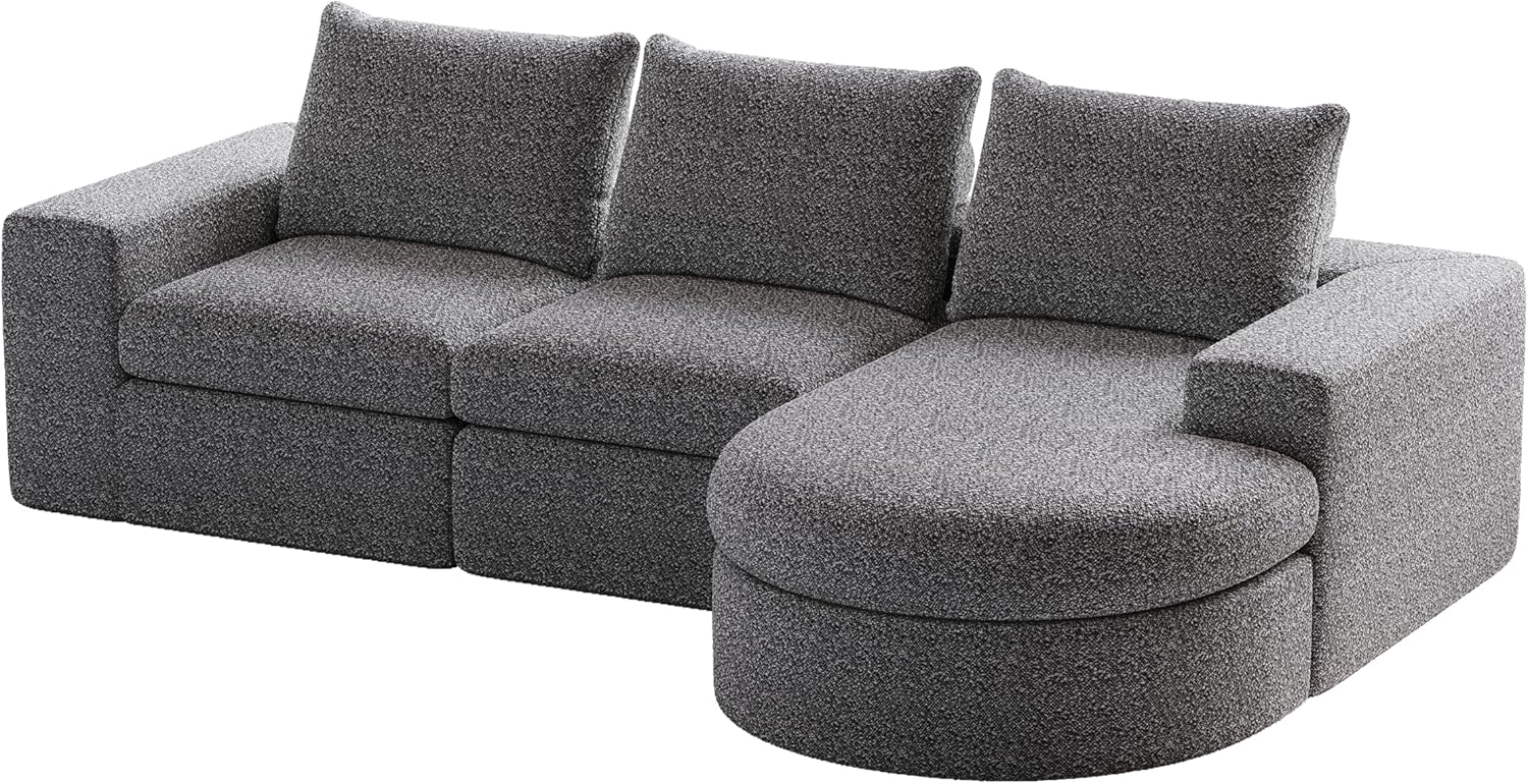 99" Chenille Modular Sectional Sofa, 3 Seater L-Shaped Couch with Neck Pillow, Upholstered Sleeper with Wide Armrest for Office, Living Room, Bedroom, Grey