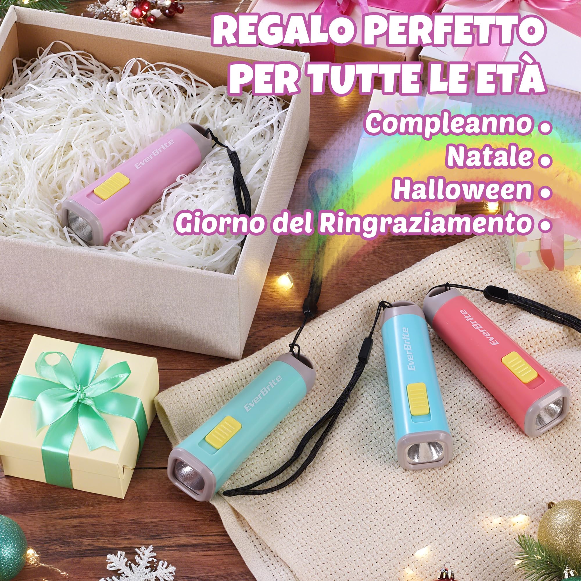 EverBrite Mini Torcia LED Rosa 46g Luce Gialla Calda 3 Batterie AAA Incluse