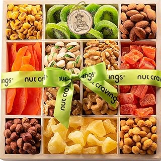 NUT CRAVINGS - Diwali Sweets Hamper Mid-Autumn Festival Dried Fruit & Mixed Nuts Gift Basket in Reusable Wooden Tray + Ribbon (12 Assortments) Food Arrangement, Healthy Snack Care Package,
