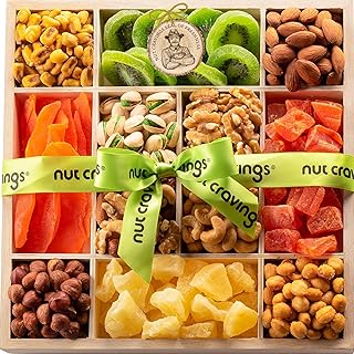 NUT CRAVINGS Gourmet Collection - Fathers Day Dried Fruit & Mixed Nuts Gift Basket in Reusable Wooden Tray + Ribbon (12 As...