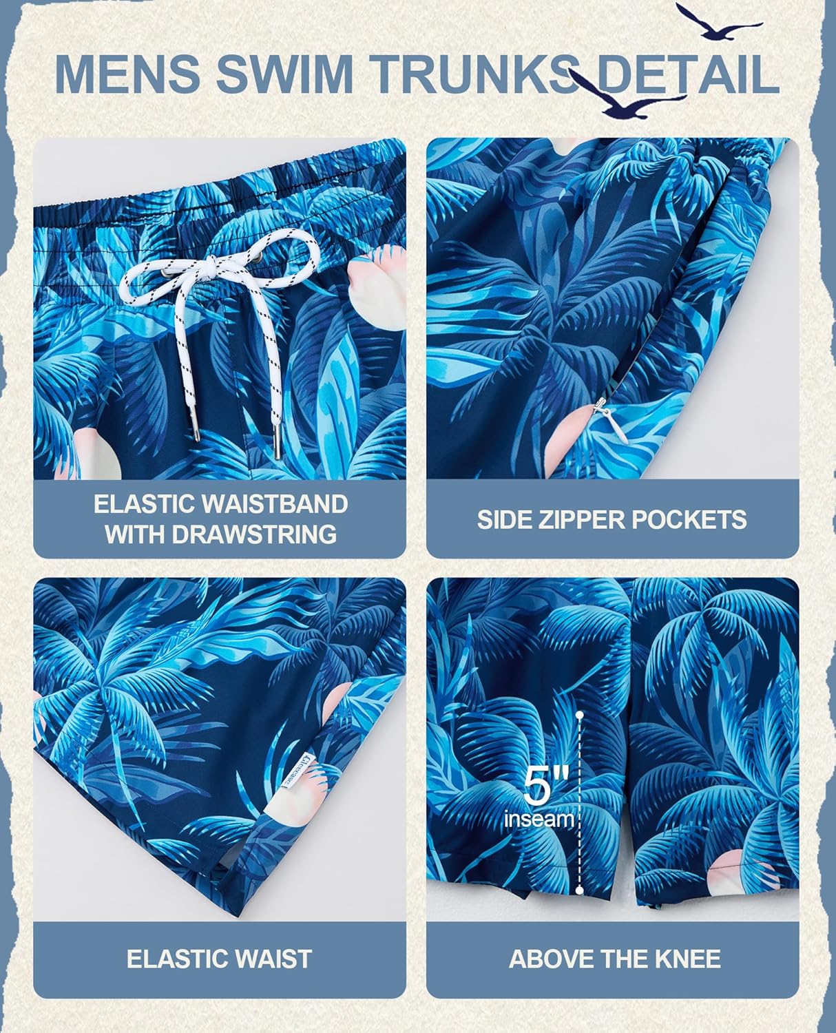 4inch Mens Swim Trunks: with Compression Liner Zipper Pocket Drawstring Quick Dry Stretch Lined Palm Tree Beach Pool - Image 3