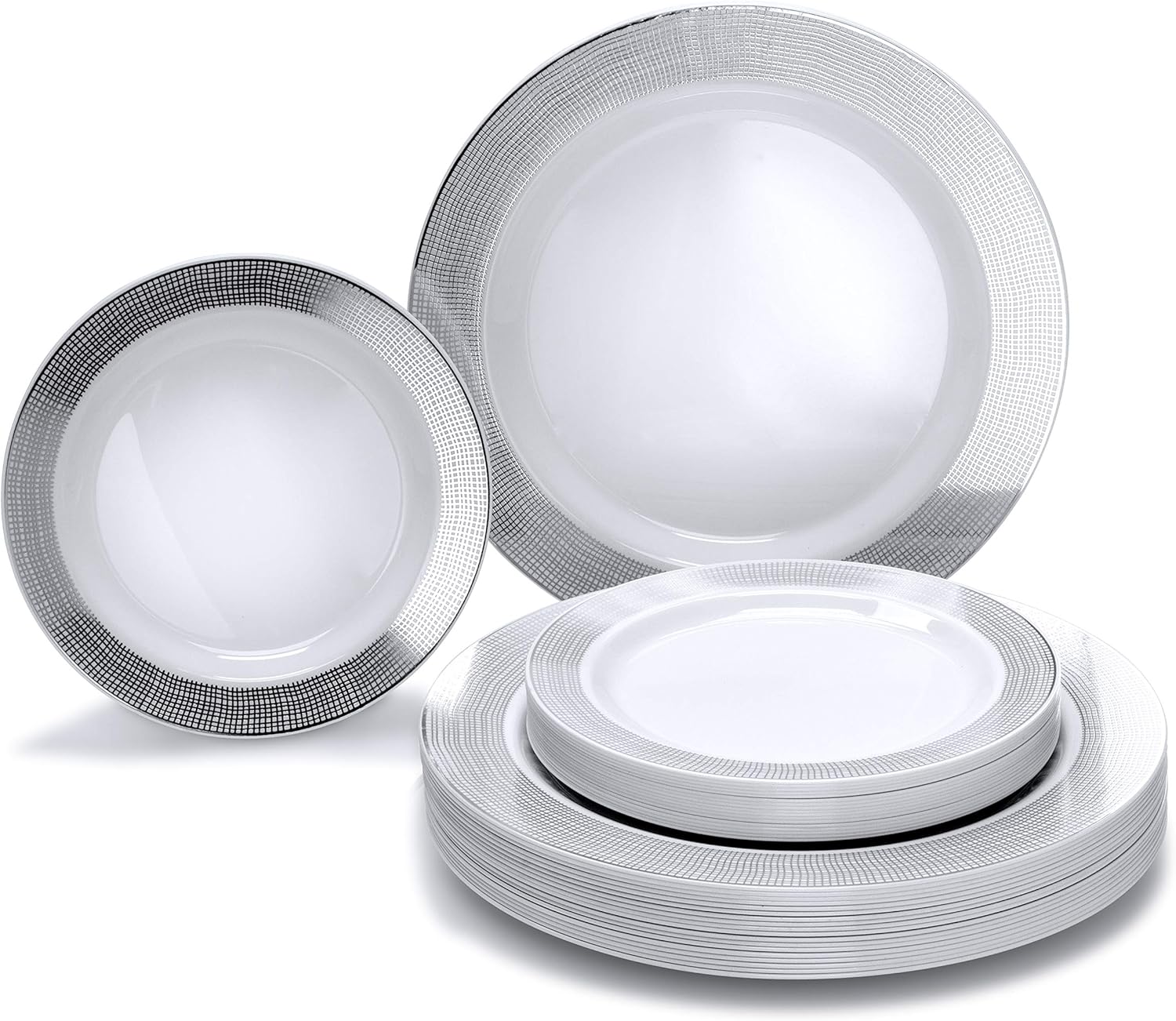 " OCCASIONS " 50 Plates Pack (25 Guests)-Heavyweight Wedding Party Disposable Plastic Plate Set -25 x 10.5'' Dinner + 25 x 7.5'' Salad/Dessert plates (Linen White & Silver)