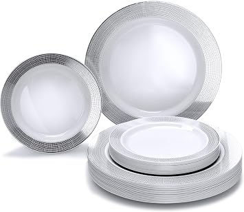 OCCASIONS  50 Plates Pack 25 Guests-Heavyweight Wedding Party Disposable Plastic Plate Set -25 x 10.5 Dinner + 25 x 7.5 Salad/Dessert plates Linen White & Silver