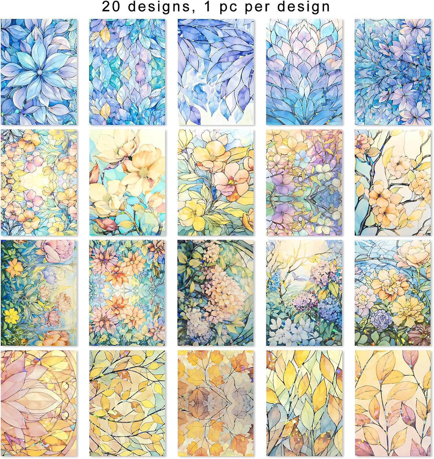 Mayplous 4 Packs Glitter Laser Floral Stickers, Watercolor Flower Pattern Decorative Paper with Holographic Foil Outline for Scrapbooking Journaling Collage Card Making DIY Crafts (Glaze)