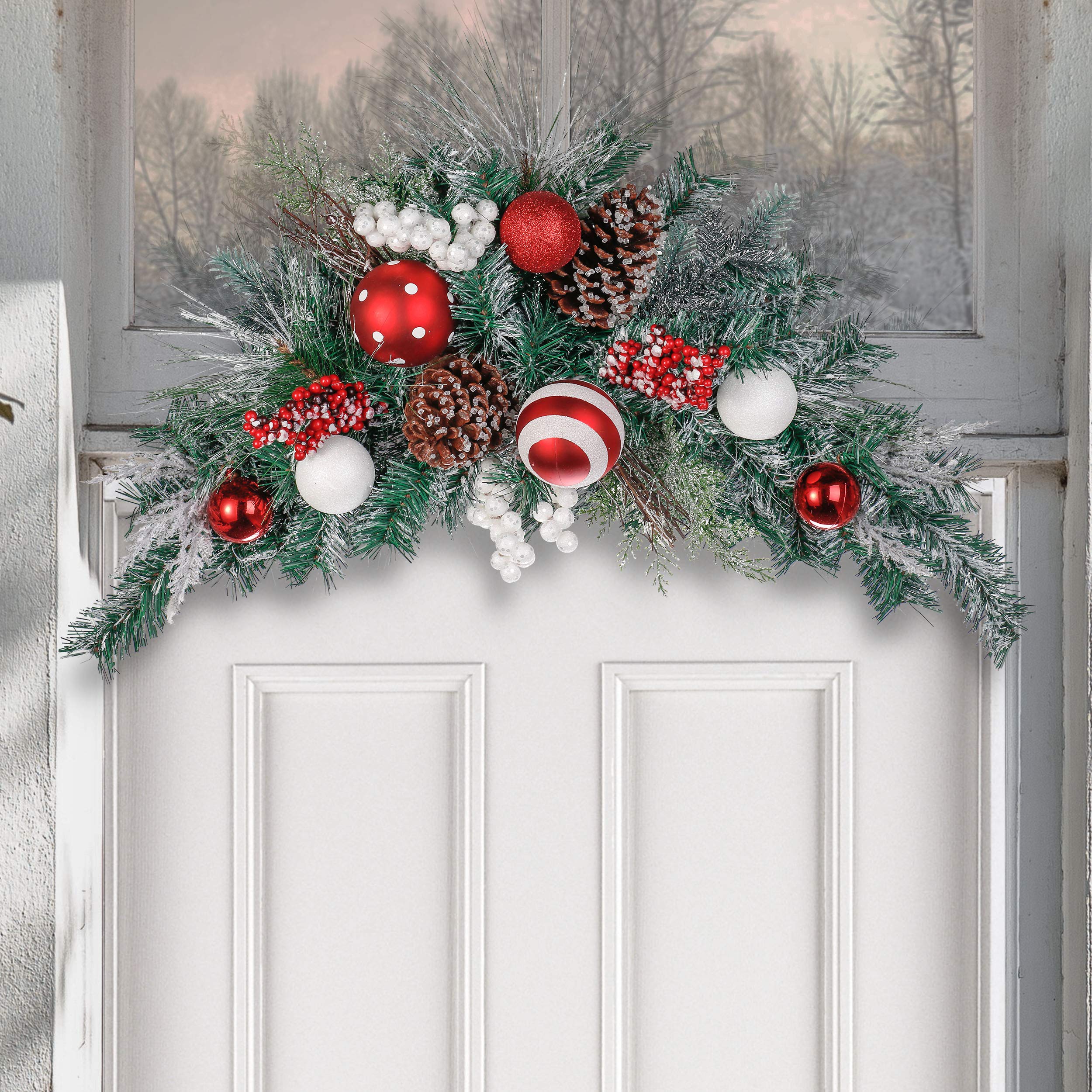 Valery Madelyn Prelit 25 inch Traditional Red White Christmas Mailbox Swag with 20 LED Lights Artificial Berry, Pine Cone and Ball Ornaments for Window Holiday Indoor & Outdoor Home Xmas Decor