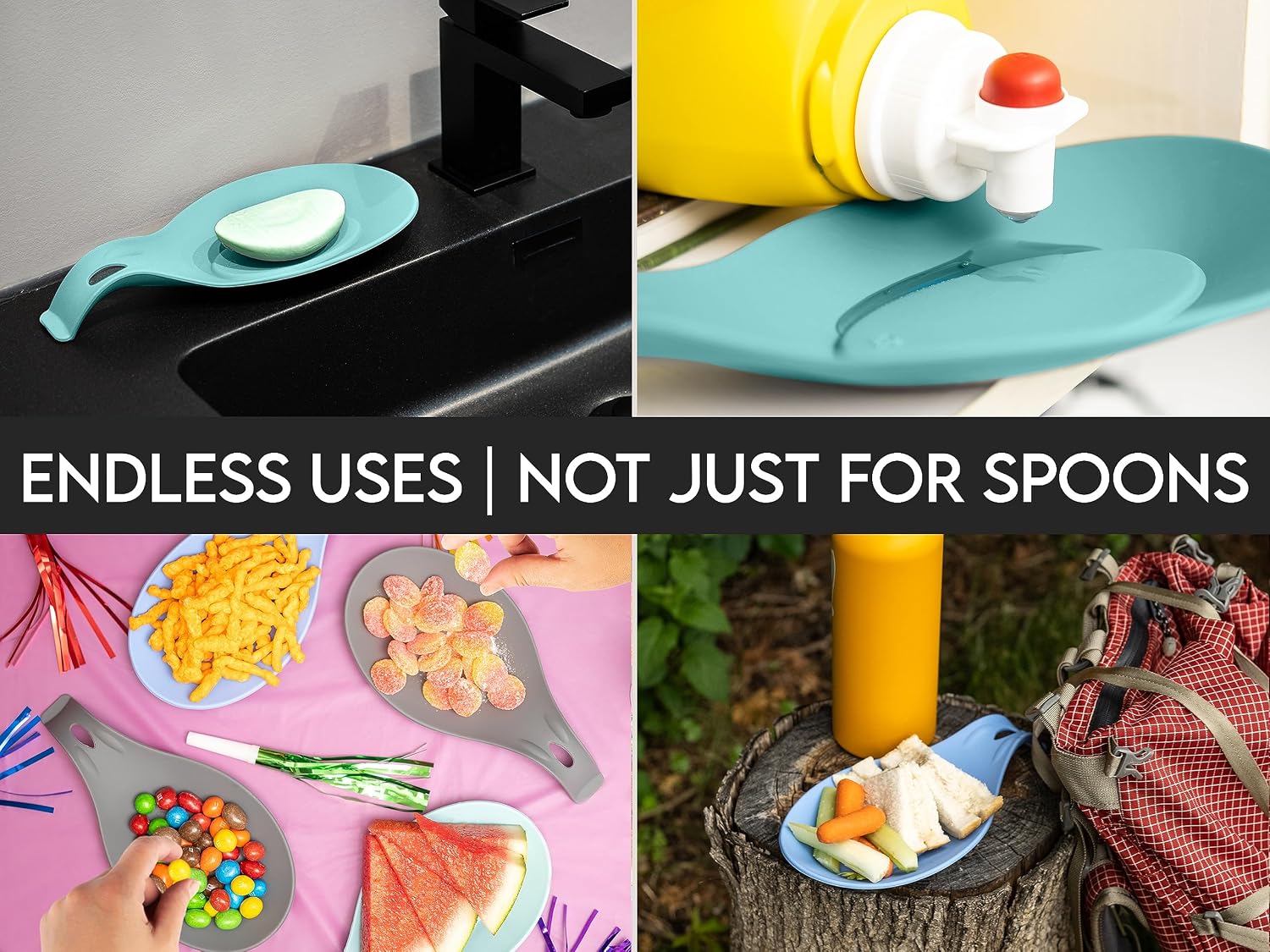 Black Silicone Spoon Rest for Stove Top, Set of 2, XL 9.2”, DISHWASHER SAFE