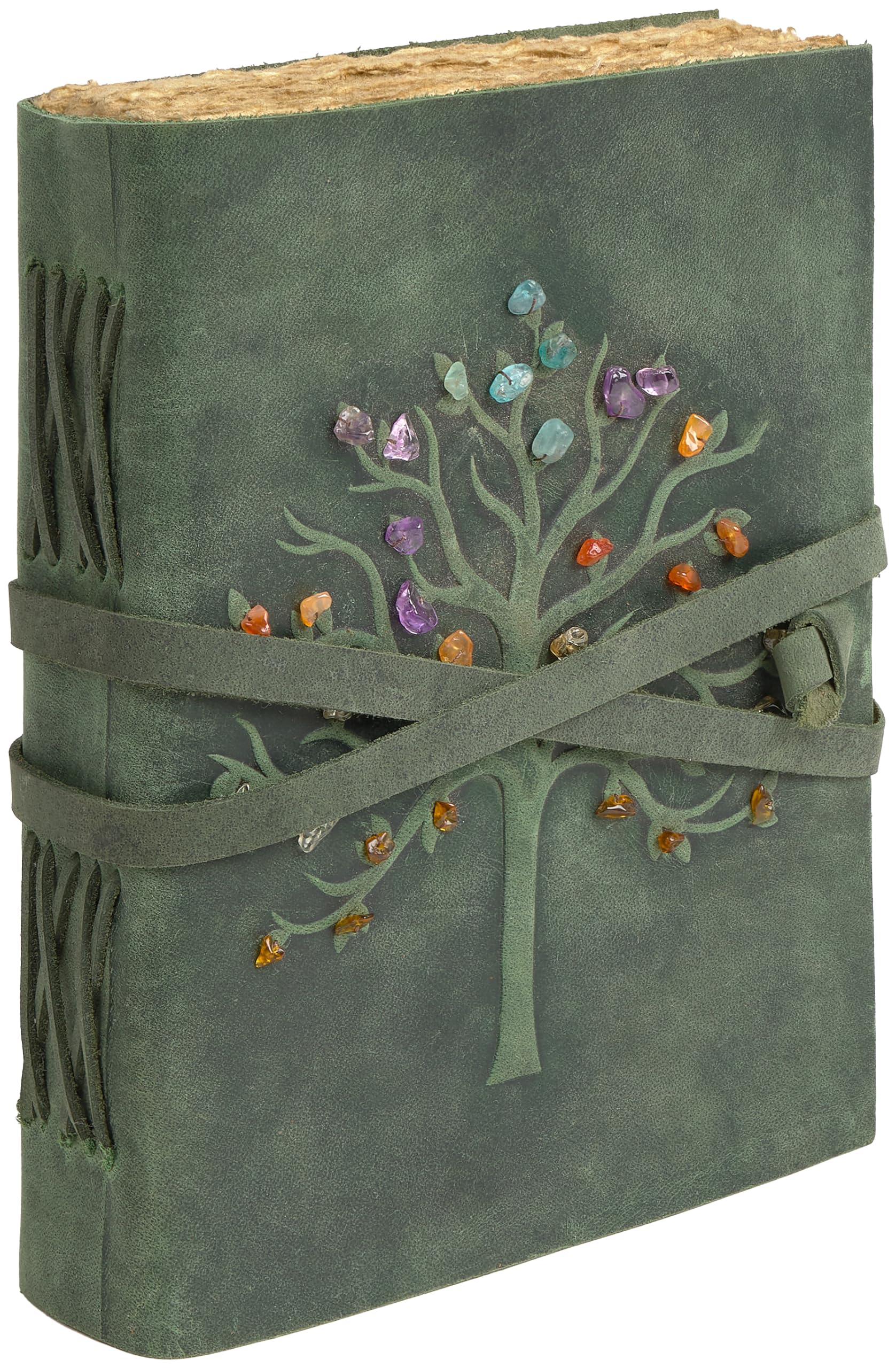 Carnet de Voyage en Cuir Vert avec Arbre de Vie, Tannage Végétal, Papier Coton - Idéal comme Journal Intime, Carnet de Voyage ou Cahier Vintage - 18x13 cm