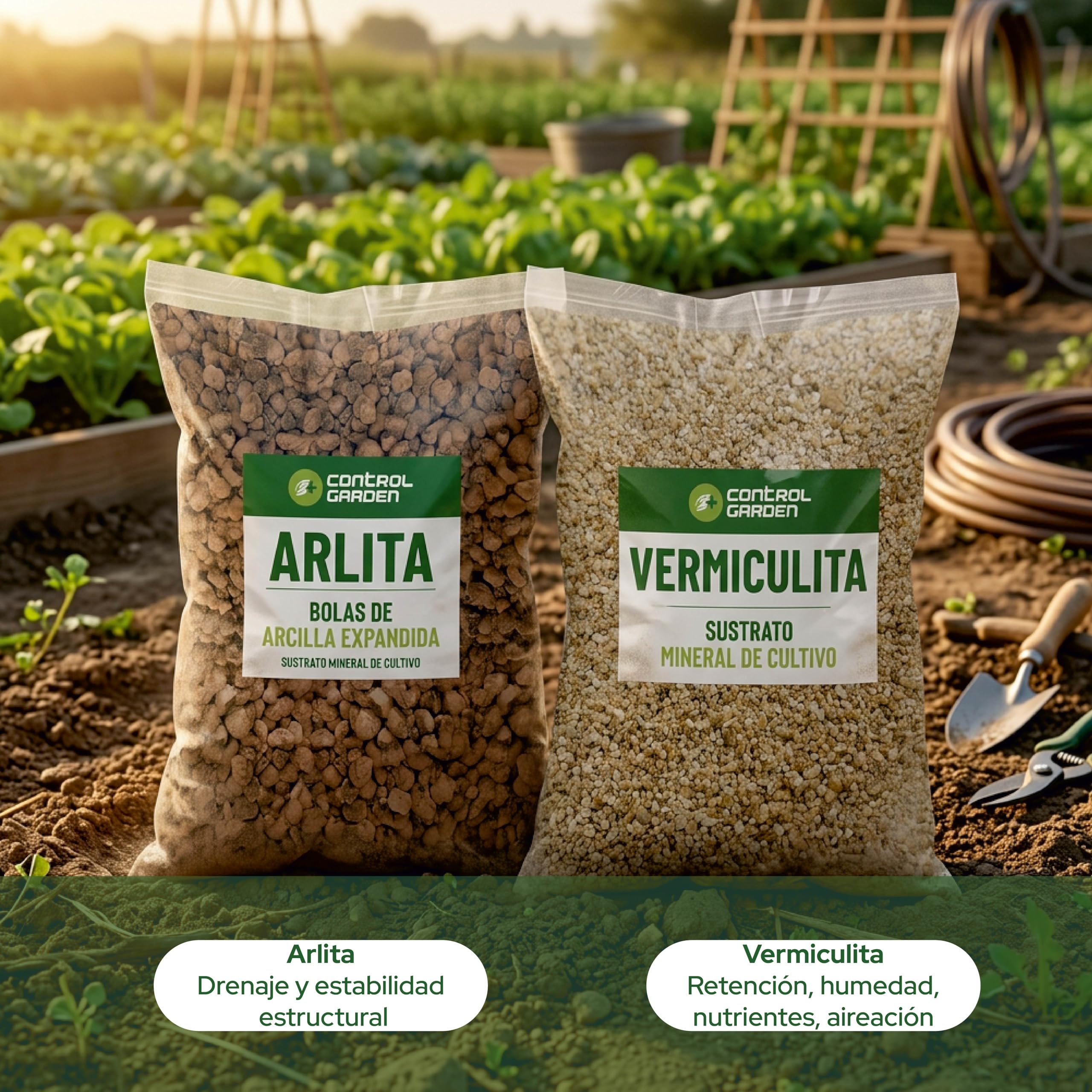 CONTROL GARDEN Pack Arlita 10L + Vermiculita 10L | Sustrato para Plantas y Cultivos Interior y Exterior | Fabricado en España
