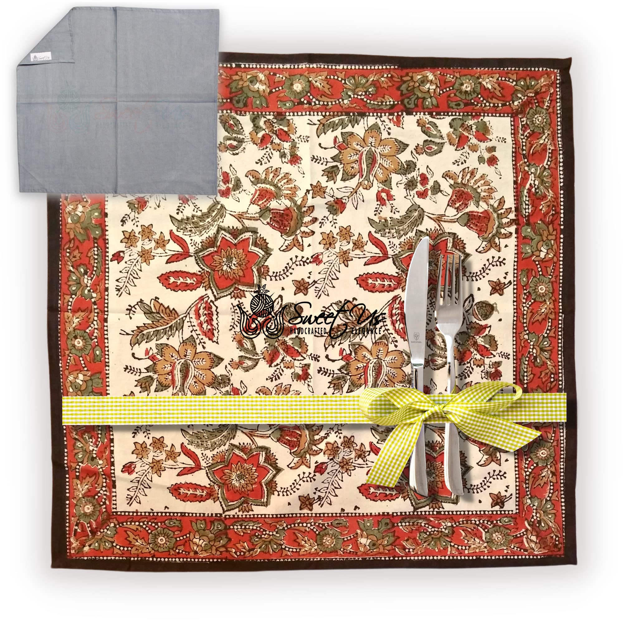 Sweet Us Vintage Floral Cotton Block Print Set of Two Dinner Napkins and One Gray Napkin, Floral Kitchen Dining Napkin, Table Napkin for Indoor and Outdoors, Autumn Dust, 19 x 19 in