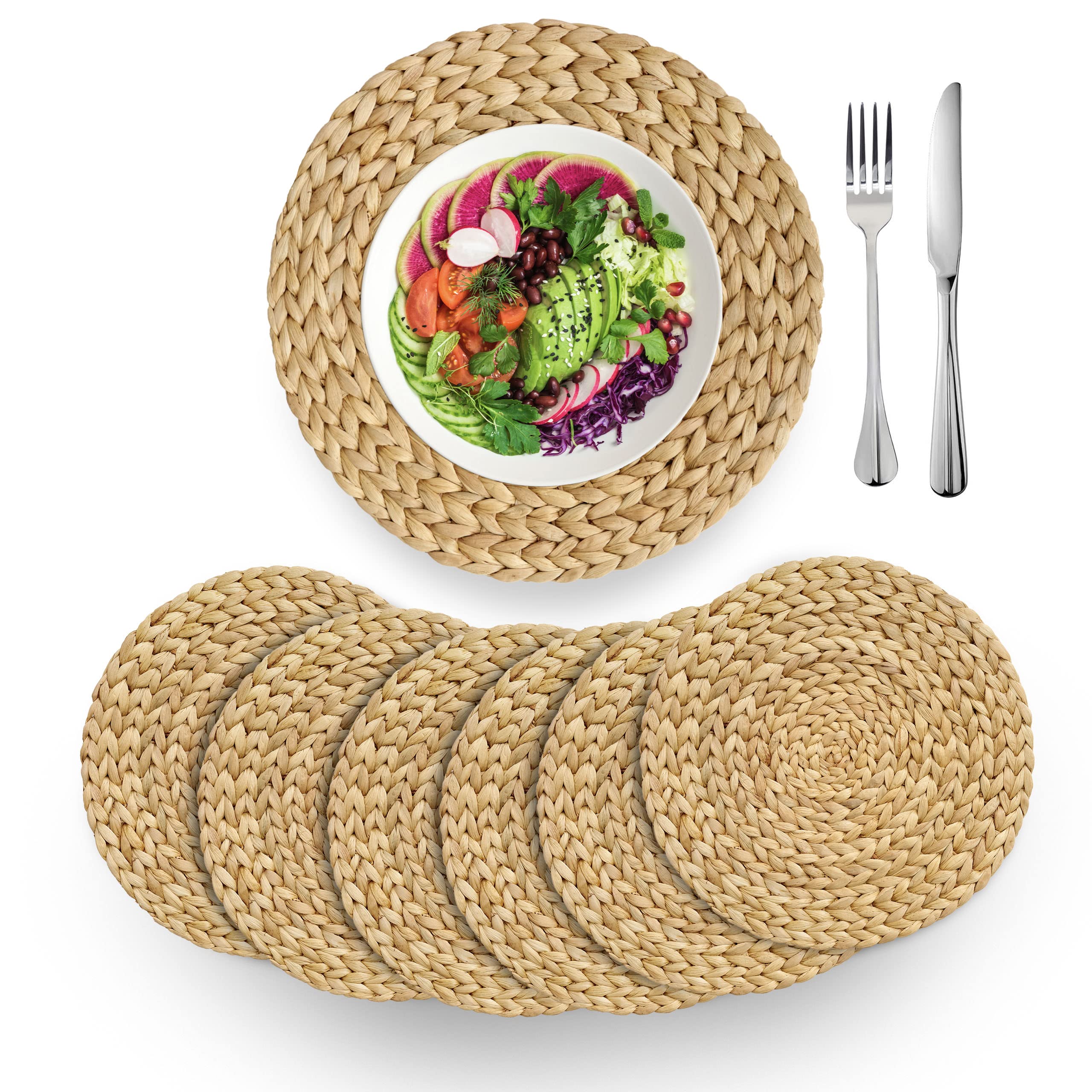 BARIEN Woven Placemats Round Set of 6, Natural Water Hyacinth Weave Placemat for Dining Table, Large Handmade Woven Placemats Heat Resistant Non-Slip (14