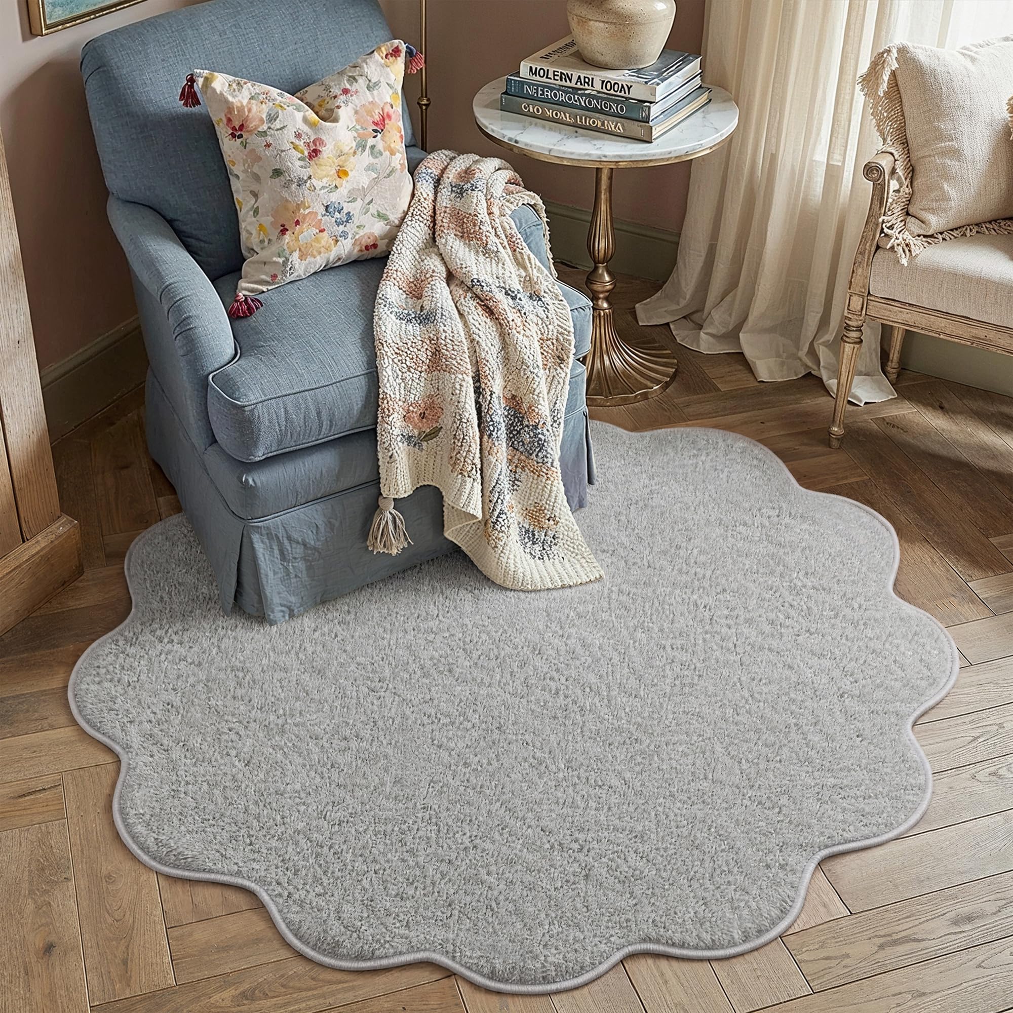 PureCozy Round Rug 120cm Soft Fluffy Washable Circle Carpet, Grey