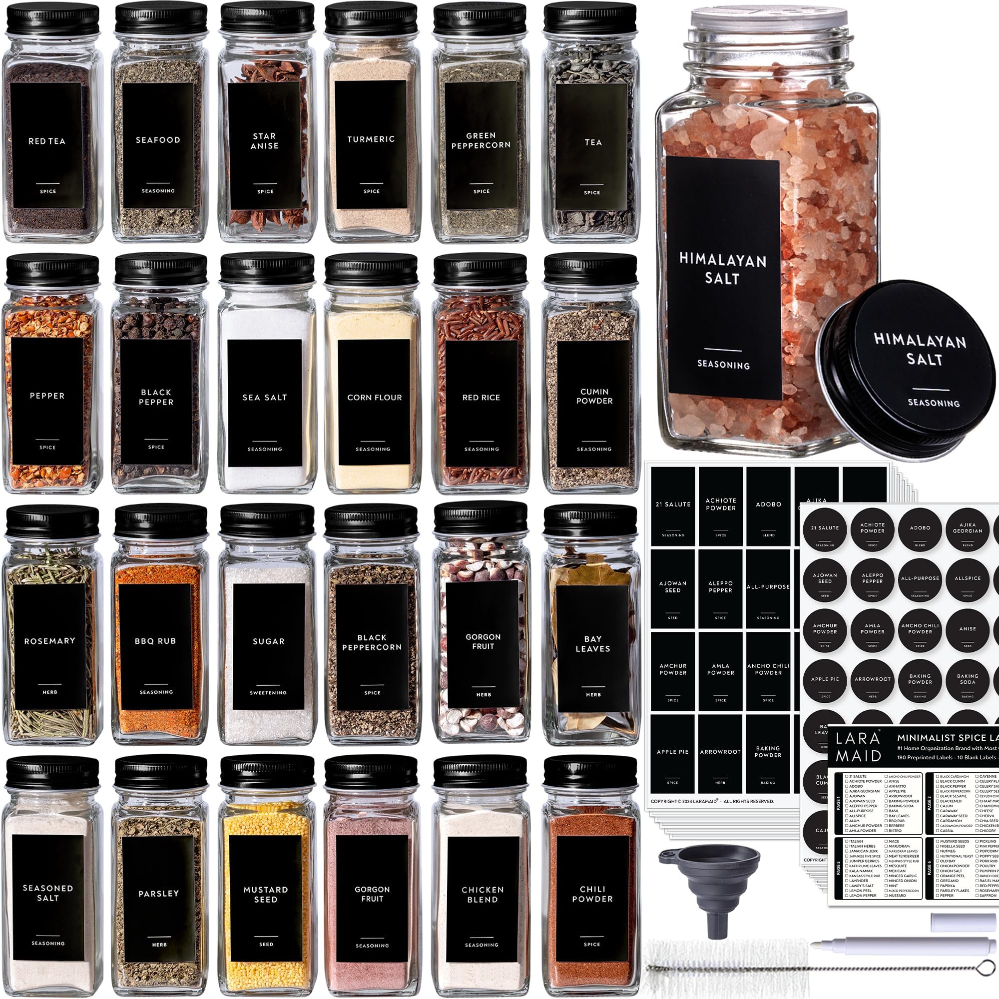 Laramaid 4oz 24Pack Spice Jars with 455 Black Vinyl Spice Labels, Shaker Lids Dispenser with Airtight Black Metal Caps, Cleaning Brush and Collapsible Silicone Funnel Complete Set