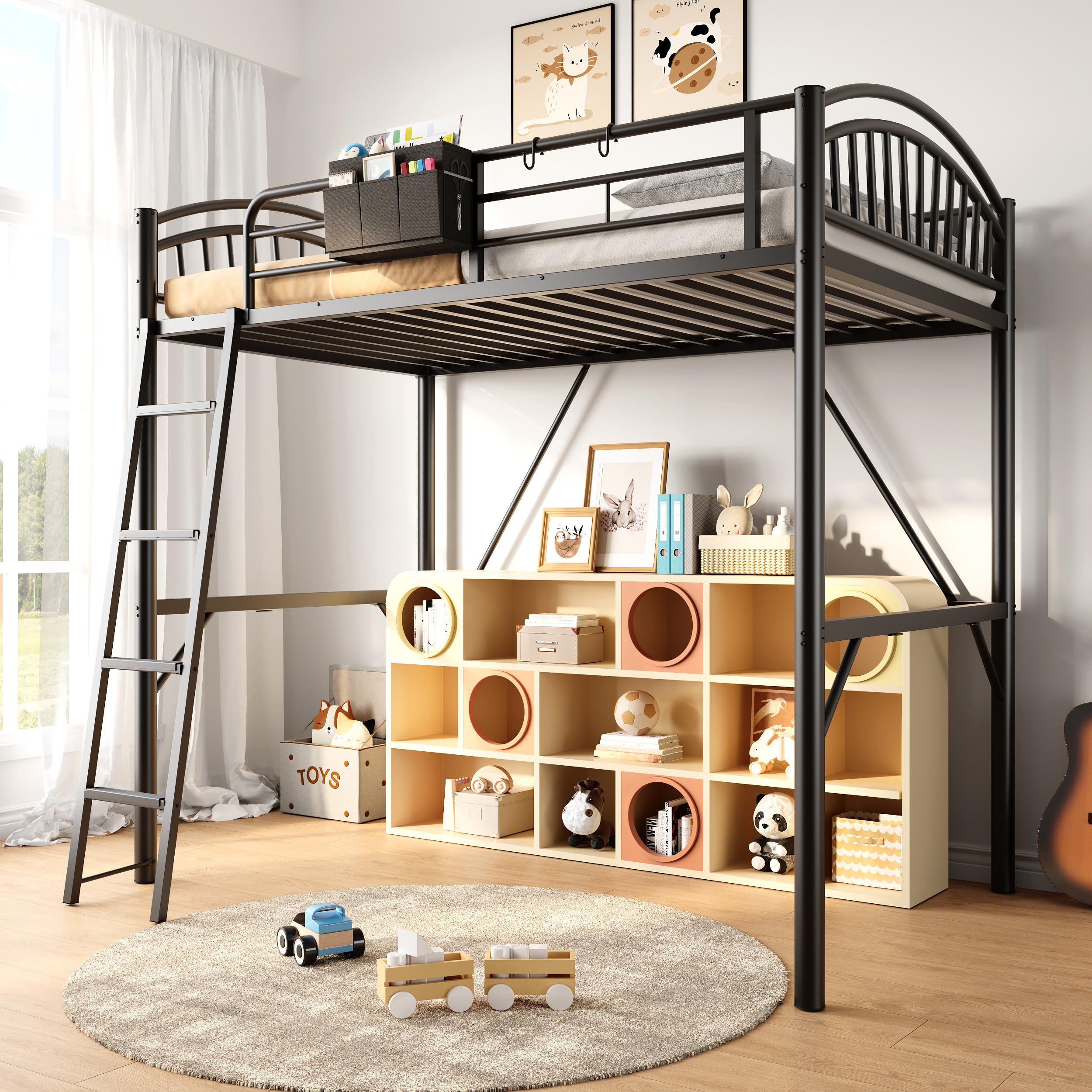 View 1 of ***STOCK PHOTO FOR REFERENCE ONLY*** Decofy White Twin Loft Bed with Storage Bag, Metal Twin Size Loft Beds for Kids with Convertible Ladder, Safety Guard Rails and Anti-tip Nails for Teenager,Girls or Boys (Black)