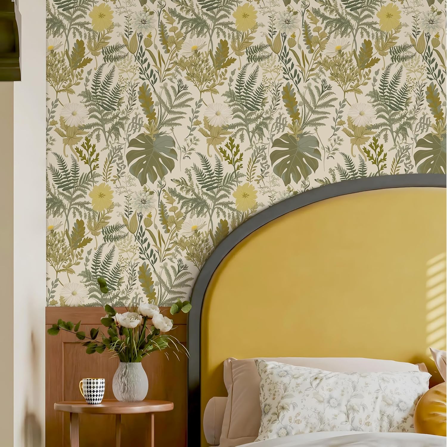 Peel and Stick Wallpaper Boho Bathroom Wallpaper Green/Yellow/Beige Wall Paper 17.7"x394" Removable Self Adhesive Contact Paper Tropical Botanical Floral Fern Leaves Wall Mural