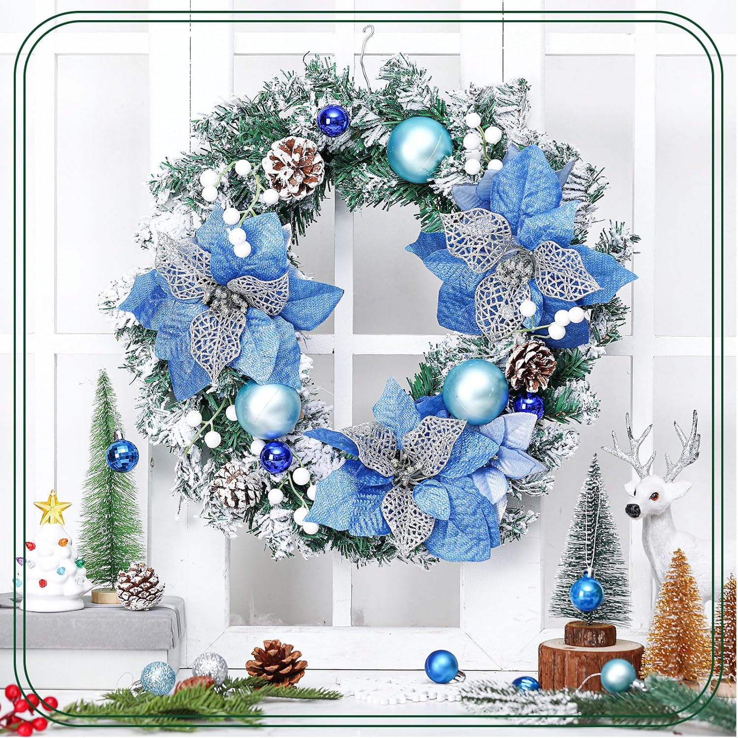 Pre-lit Christmas Wreaths for Front Door 13.7 Inches Christmas Blue Flowers Wreath Decorations with Blue Ball Pine Cones Ornaments 20 LED Lighted Hoop for Xmas Outdoor Wall Window