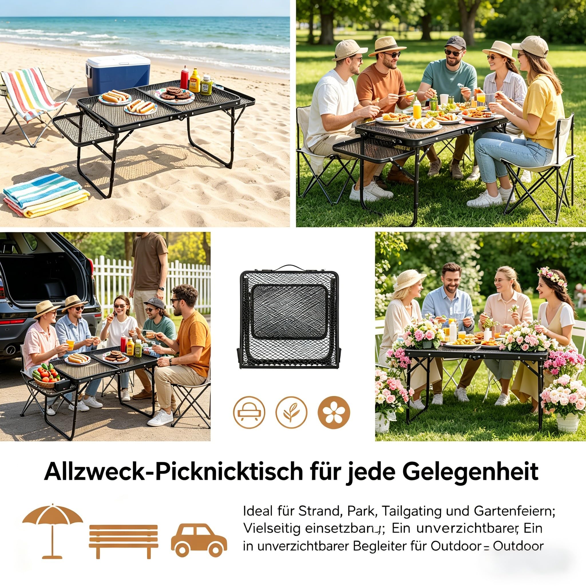 Faltbarer Campingtisch aus Aluminiumlegierung für Outdoor, Leichter Picknicktisch mit Schubladen & Doppel-Ebenen-Tischplatte, Tragbarer Gartentisch für Grill, BBQ, Strand, Wandern