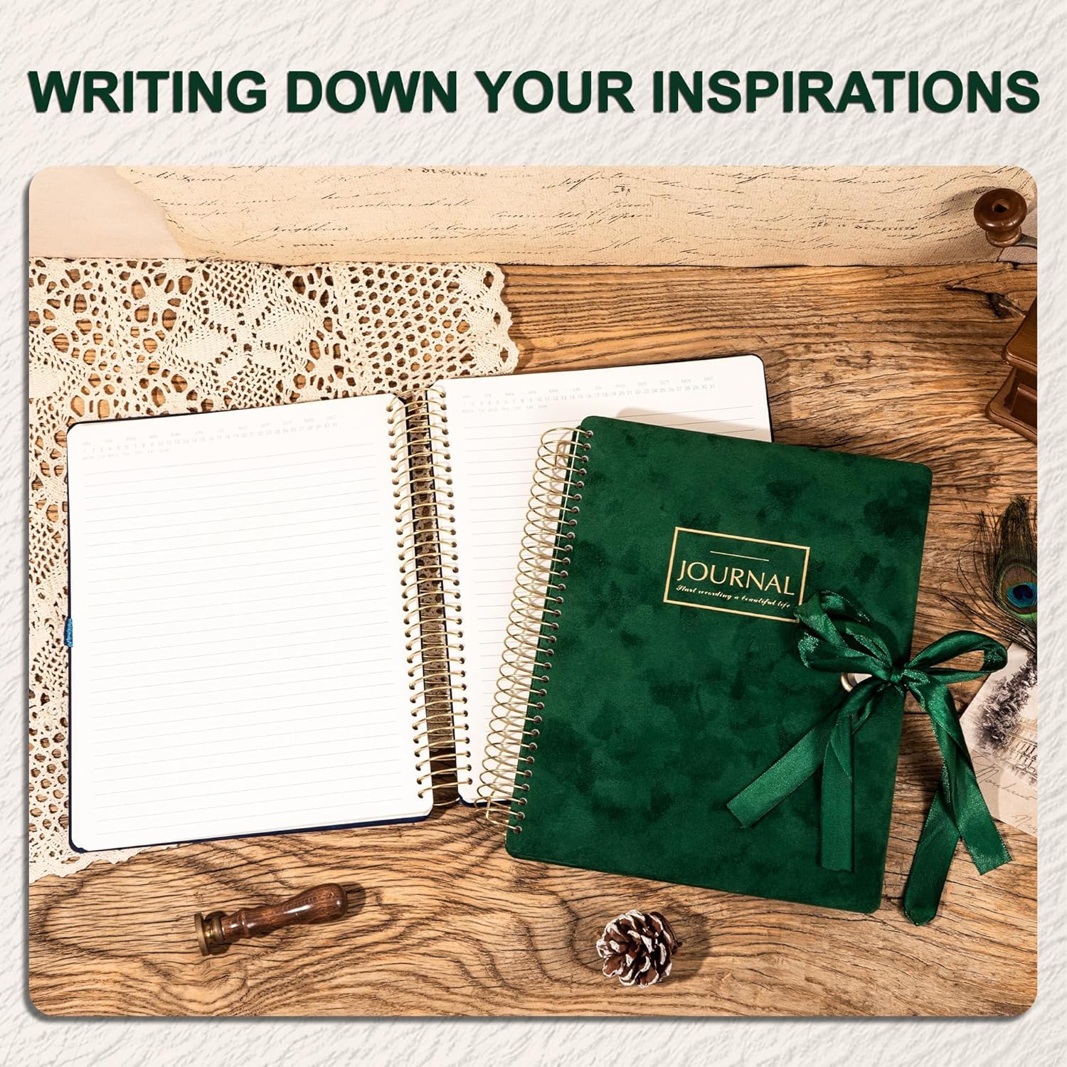 FLYING EAGLE 300 Pages Thick Spiral Notebook Journaling Notebooks Vintage Velvet Journal for Women Men A4 Lined Journals for Writing with Gift Box, 8.5 x 11in, Green