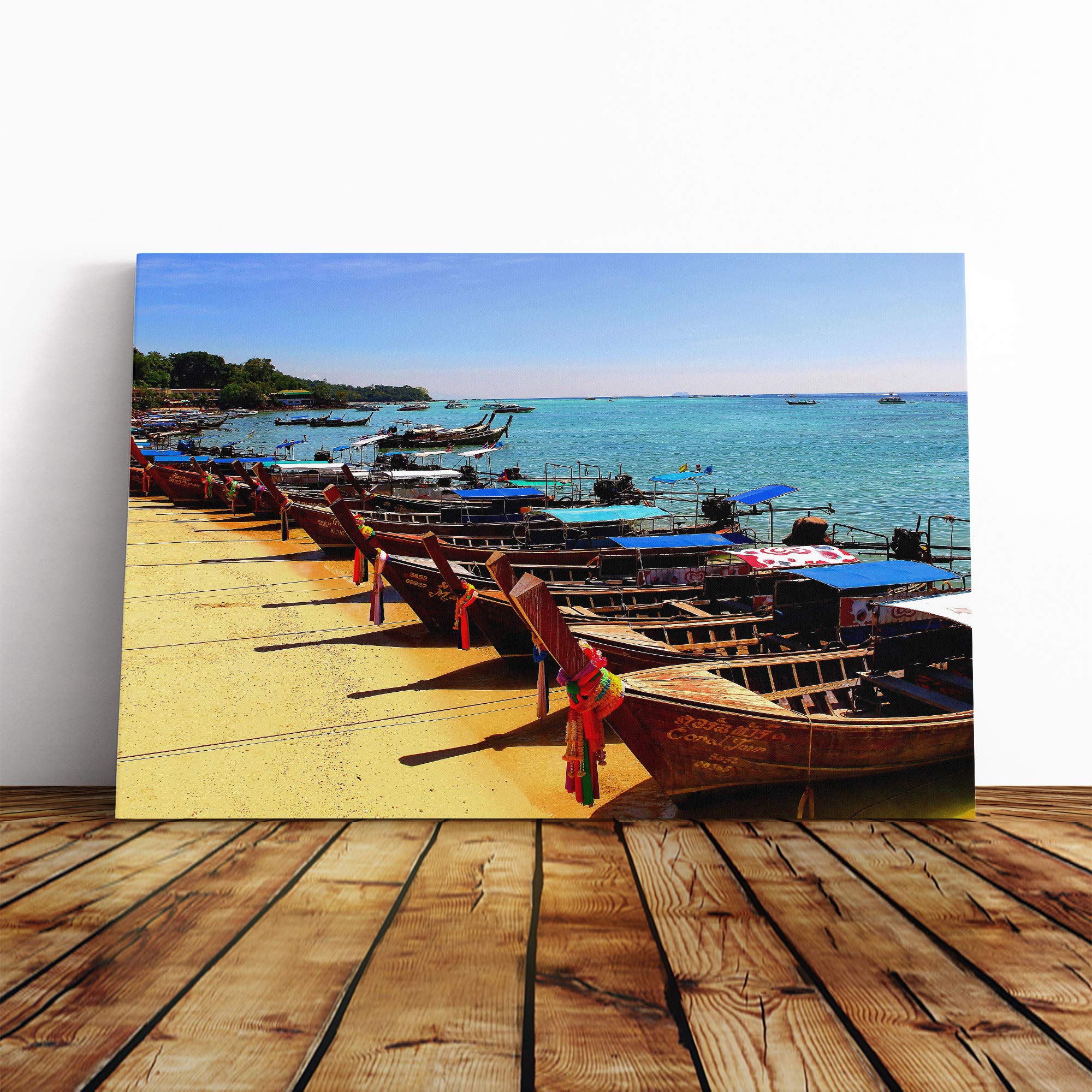 KOH Phi Thailand Boats Beach and Seascape Canvas Print | Gallery Wrapped 30mm Frame Wall Art | 24x16 inches | Ready to Hang | Coastal Seascape Picture | Living Room Bedroom Lounge Office