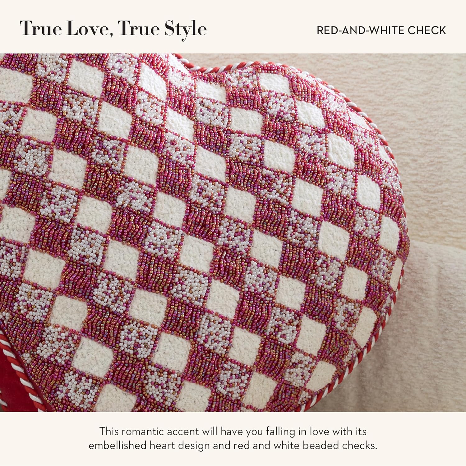 MACKENZIE-CHILDS Throw Pillow, Decorative Cotton Pillow for Living Room, 16x16, Red-and-White Check Heart