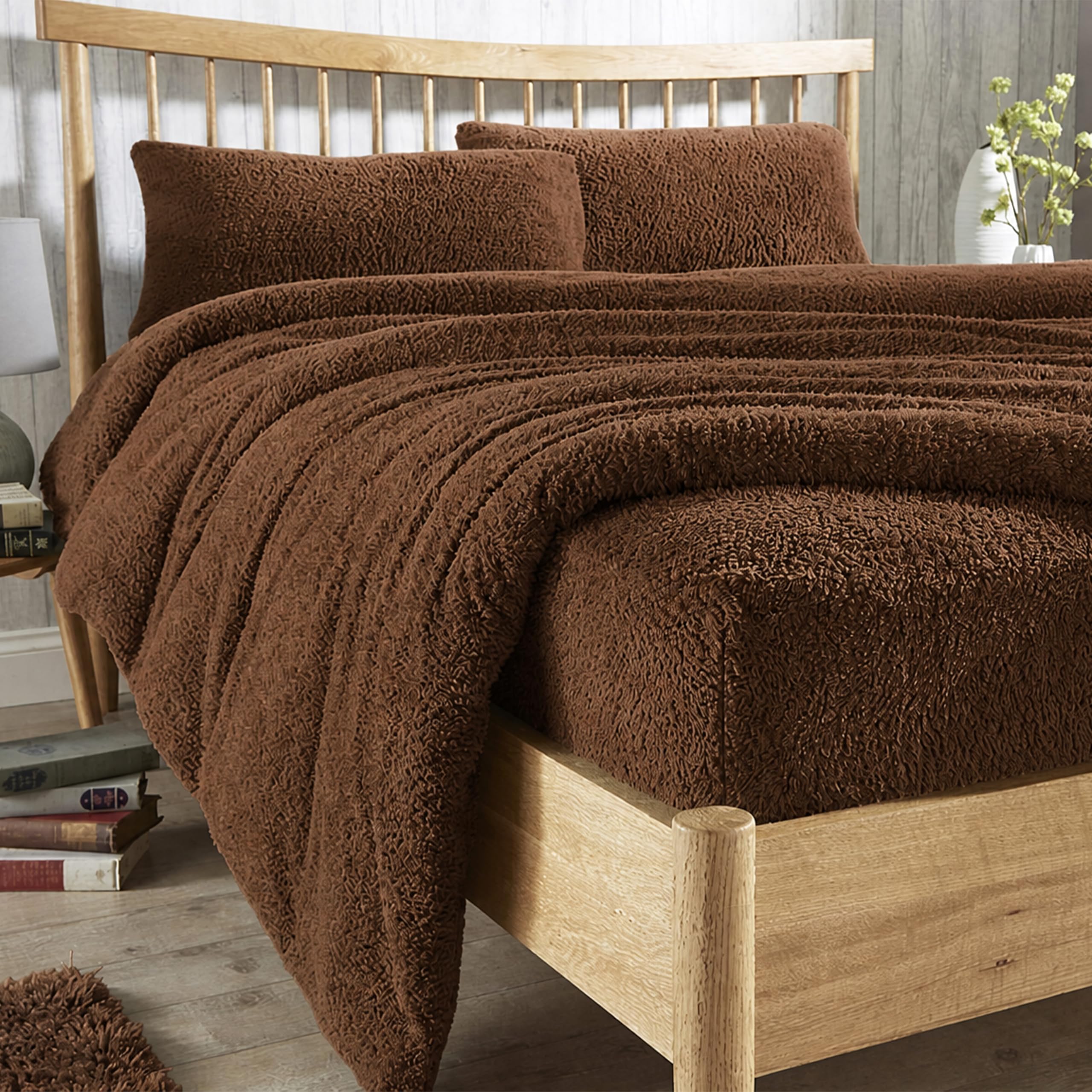 Olivia Rocco Teddy Fleece Extra Deep Fitted Sheet Cosy Warm Fluffy Fitted Bed Sheets (Chocolate, Pillowcases)
