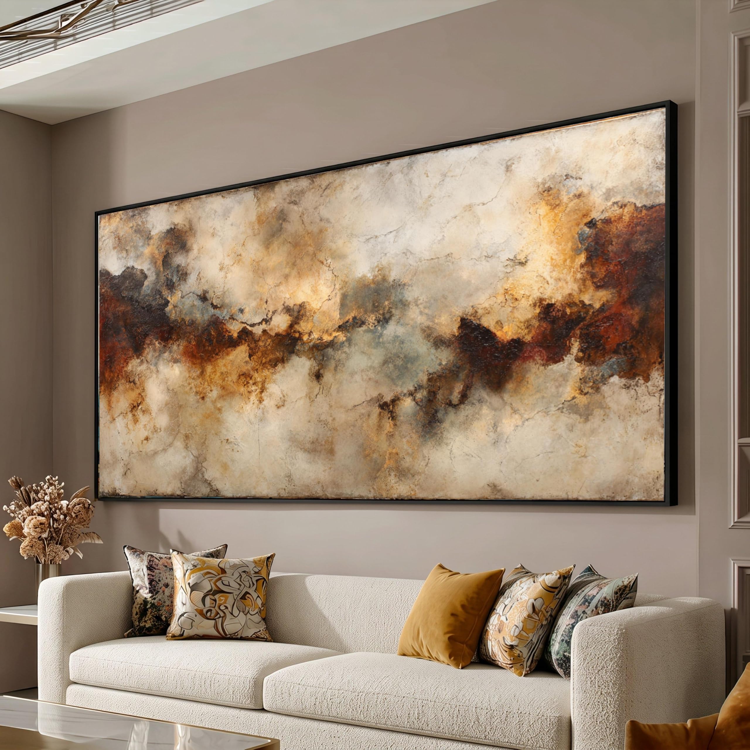 Jianghu Art Tableau abstrait moderne sur toile aux tons terreux, décoration intérieure marron et beige (55 x 110 cm (22 x 43 po)