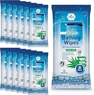 MED PRIDE Hospital Wipes for Bathing, Waterless No-Rinse Bath Wipes for Adults, Microwavable Soft Thick, 12 Packs (96 Count), Aloe Vera