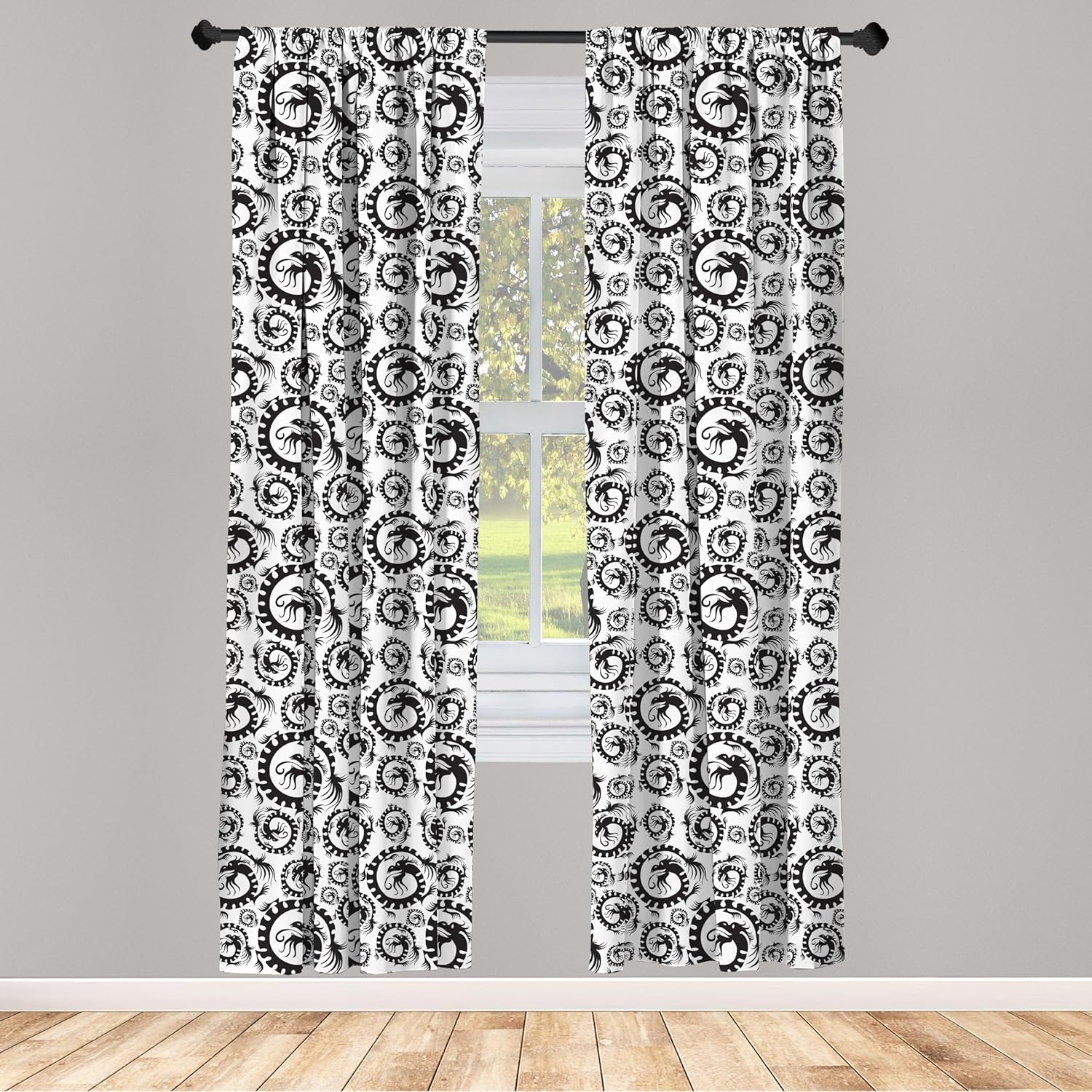 Ambesonne Dragon Window Curtains, Antique Art Chinese Dragon Pattern Design Vintage Illustration Retro Print, Lightweight Decor 2-Panel Set with Rod Pocket, Pair of - 28" x 95", Black and White