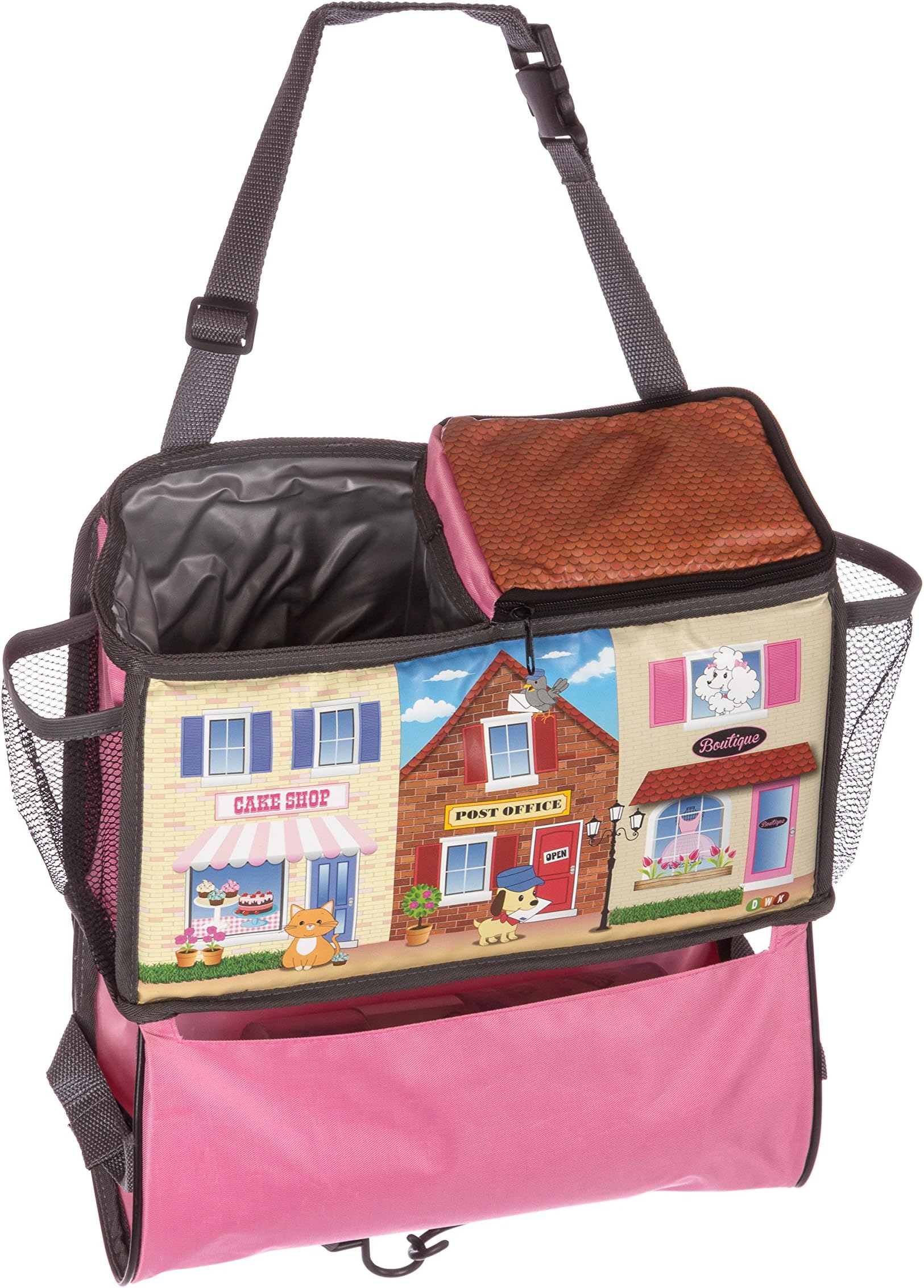 Driving With Kids Car Seat Organizer Insulated Lunch Bag for Children With Trash Bag and Waterproof Lining - Small Pink