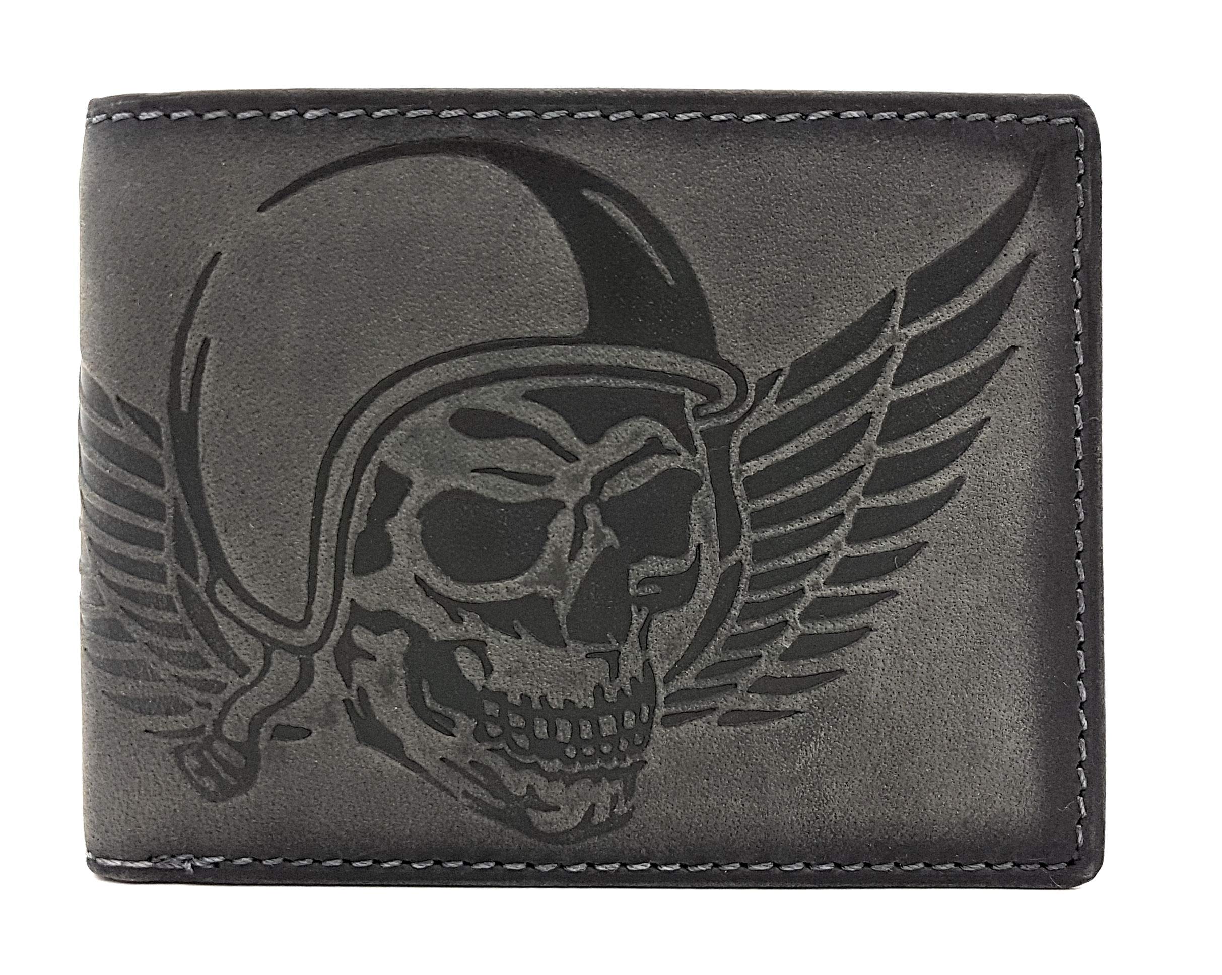 Monedero de piel auténtica con diseño de calavera y alas con cadena de 50 cm y protección RFID