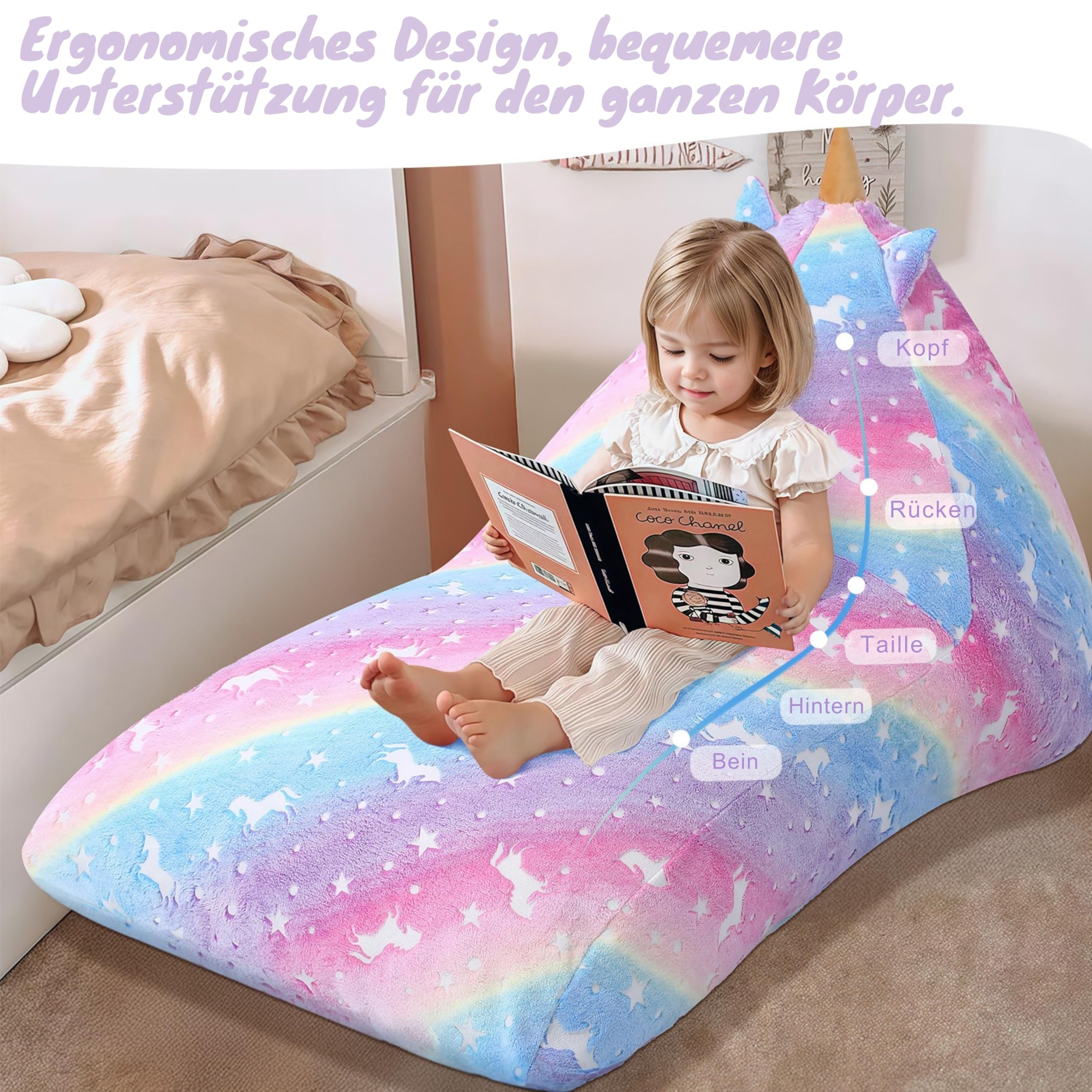 MeMoreCool Sitzsäcke für Kinder von 8–12 Jahren, großer Sitzsack mit Füllung, großes Kleinkinder-Sitzsackbett mit Einhorn, Faule Bodenliege für Kinder für Mädchen und Jungen, Leuchtend Regenbogen