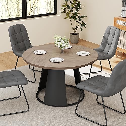 Miniatura 5 de Juego de mesa de comedor redonda de 47.2 pulgadas para 4 mesas de madera modernas con 4 sillas tapizadas de cuero, base de pedestal de metal, Mesa