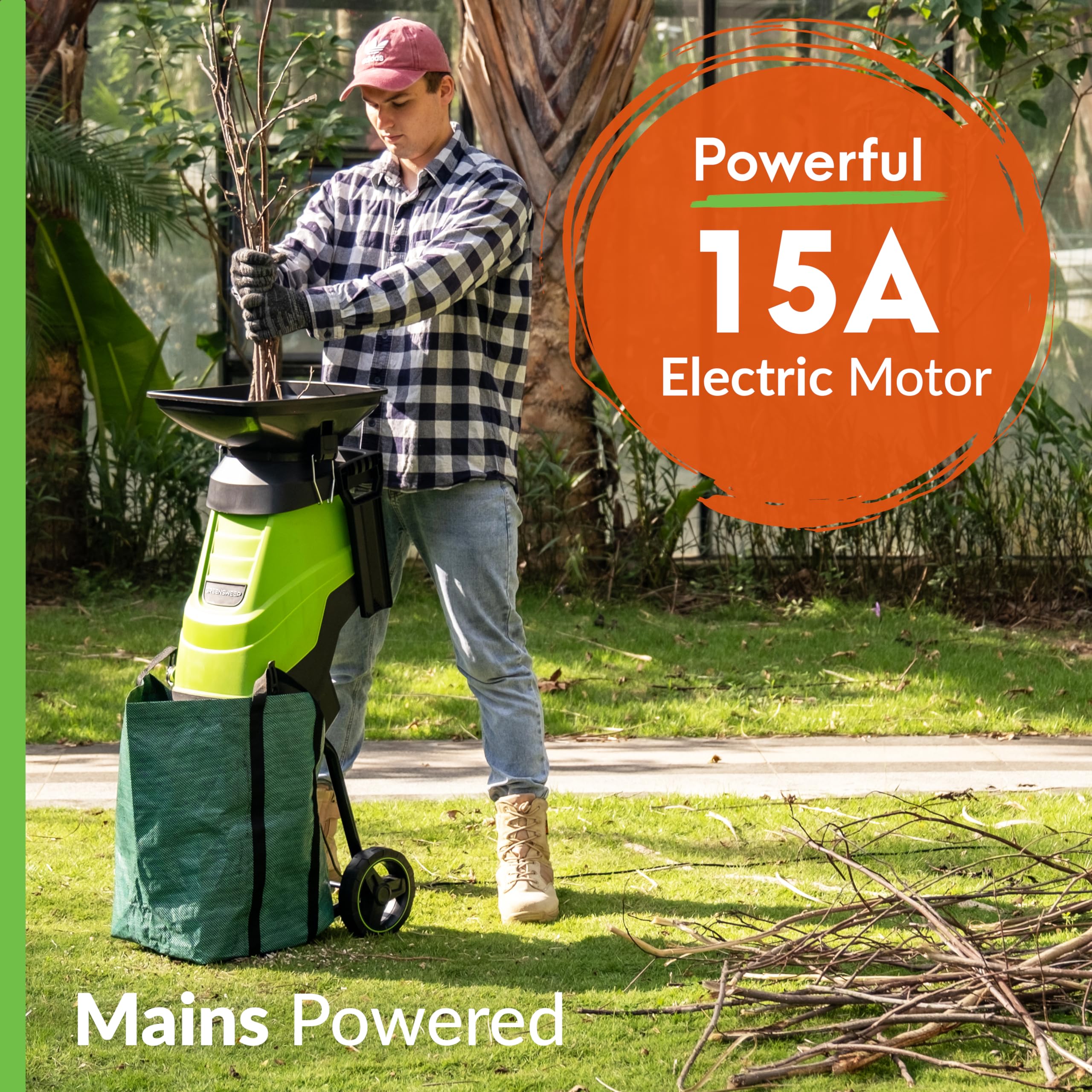 GreenSweep Trituradora y trituradora eléctrica de madera – Potente trituradora de jardín de 15 A para ramas, hojas y residuos de patio – Compacta, silenciosa y fácil de usar con bolsa de recolección