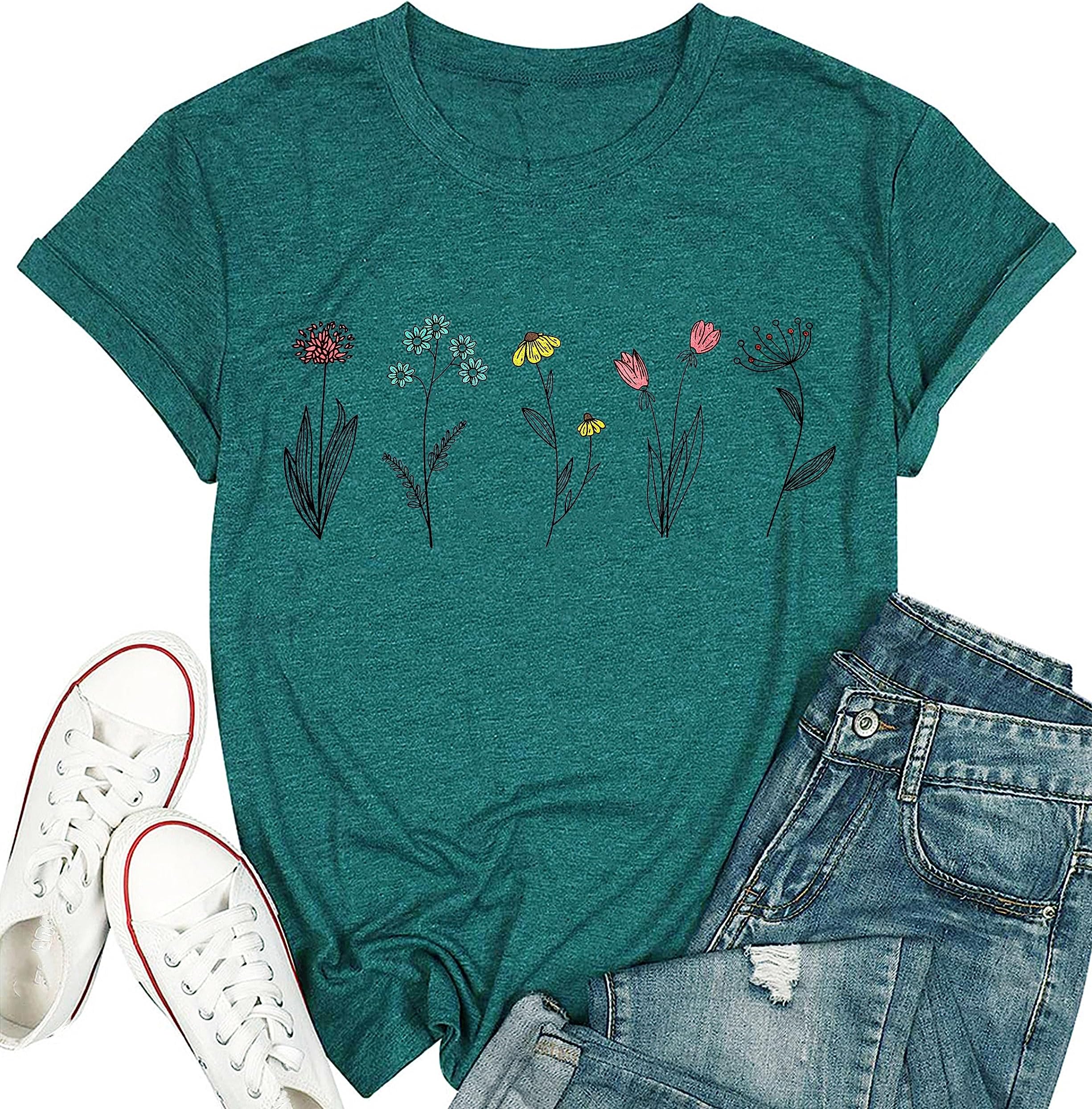 BealattWildflower Shirts for Women Causal Summer Flower Graphic Tees Cute Garden Plant Lover Tshirts Tops
