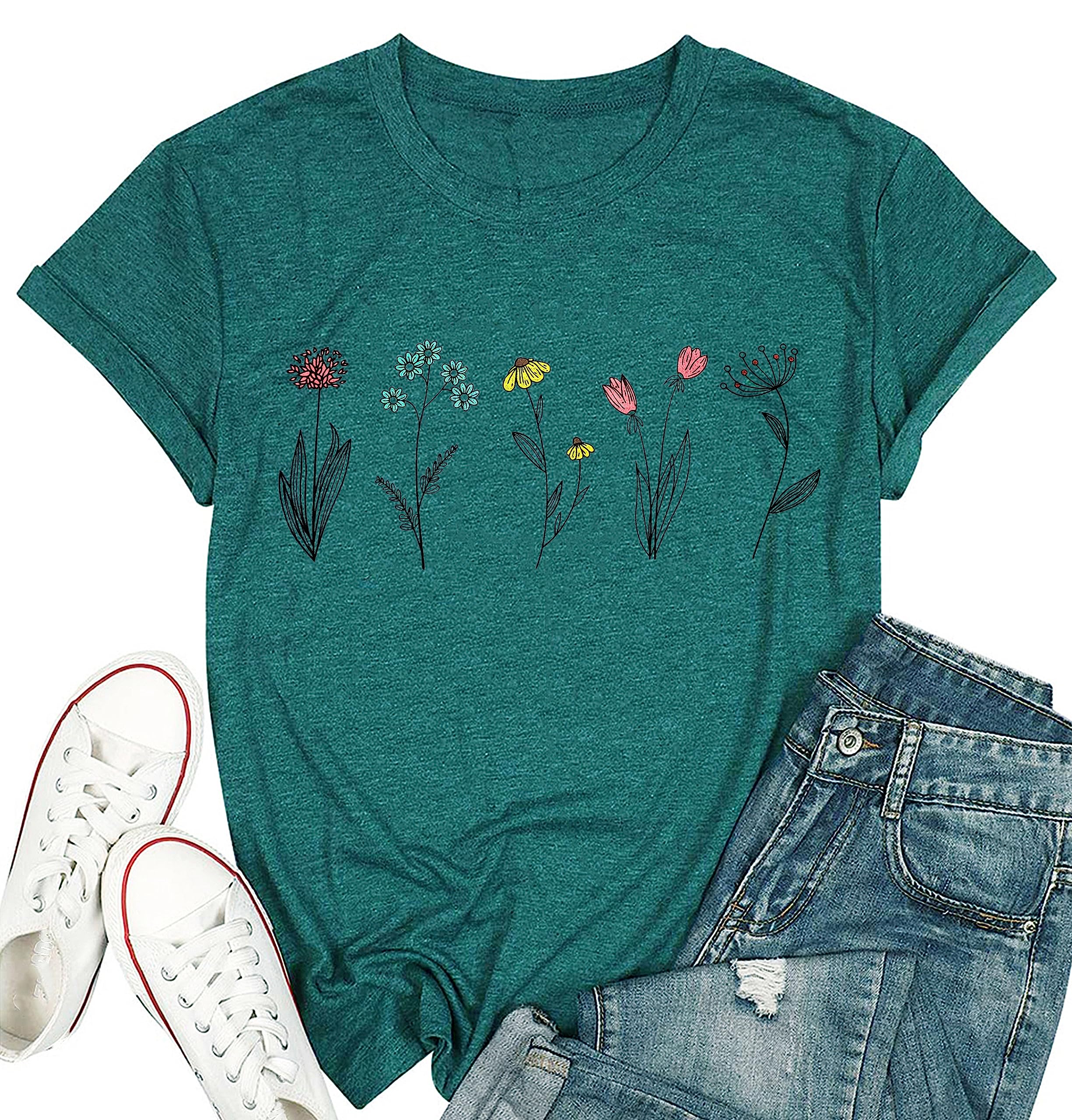 BealattWildflower Shirts for Women Causal Summer Flower Graphic Tees Cute Garden Plant Lover Tshirts Tops