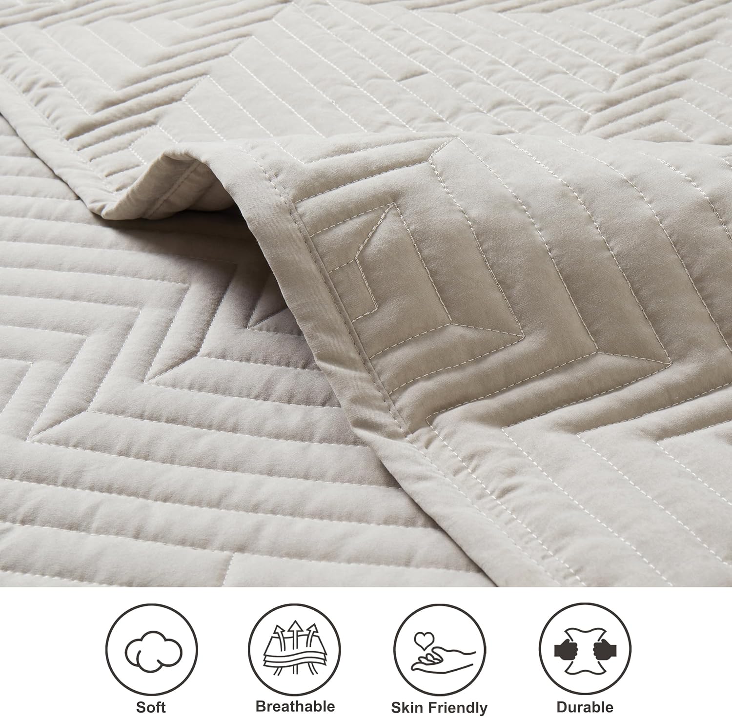 Oli Anderson King Quilt Set, Khaki Lightweight Soft Bedspread Coverlet, Basket Weave Pattern Bedding, 3PCS Modern Geometric Stitching Textured Comforter Sets (1 Quilt and 2 Pillow Shams) - Image 5