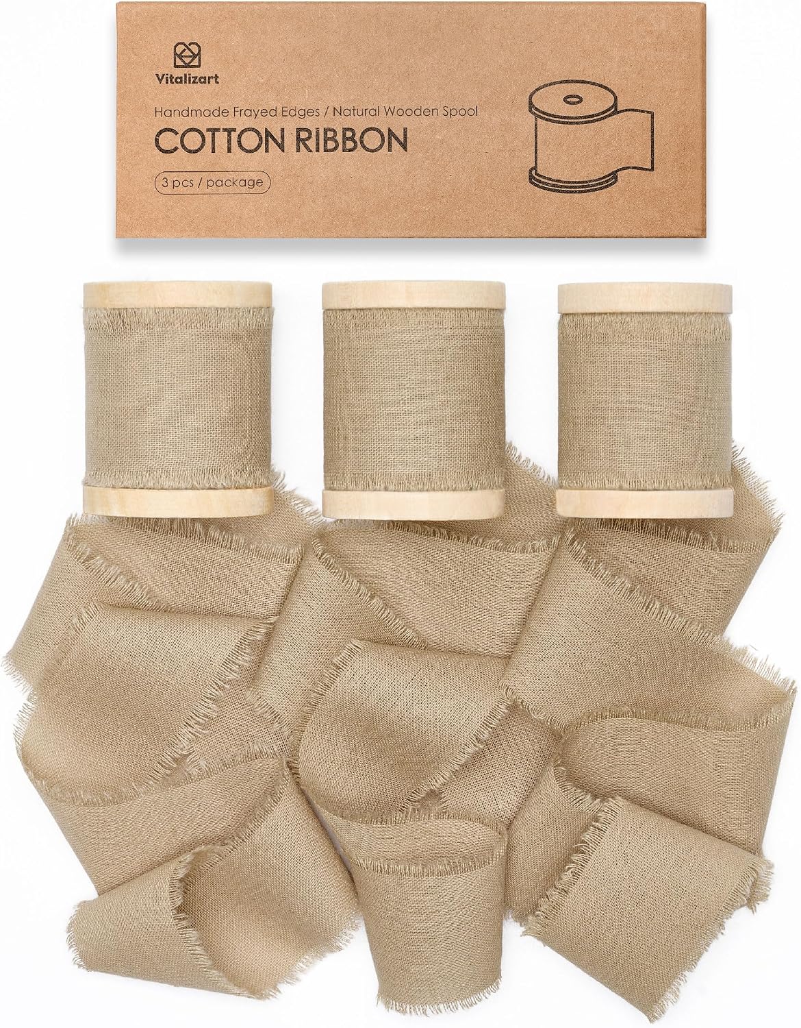 Vitalizart 100% Cotton Ribbon 1-1/2" x 15 Yd Nude Beige Cream Handmade Frayed Fringe Fabric Ribbons for Gift Wrapping Wedding Invites Bridal Shower Bouquets Christmas Decorations