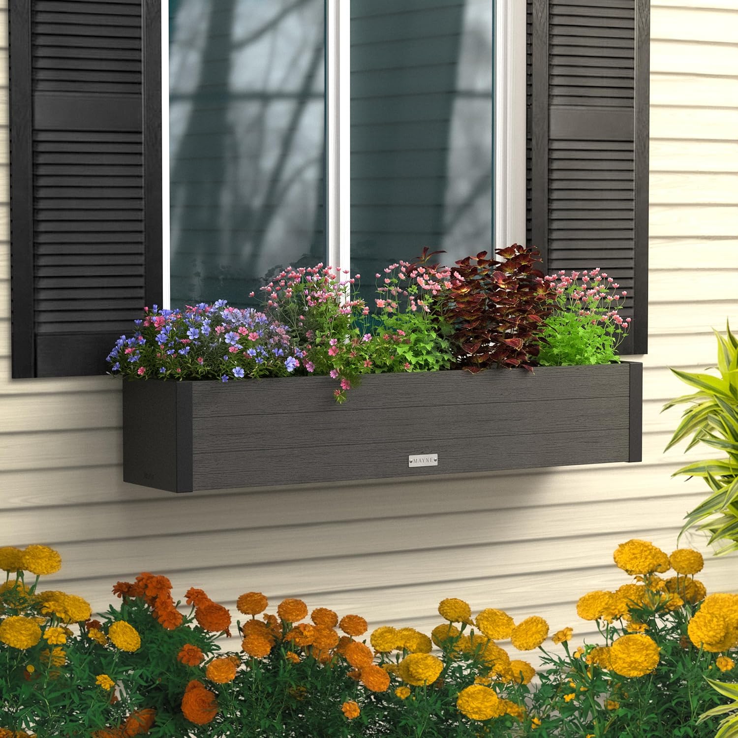 Mayne Horizon 4FT Window Box Planter – Modern Rectangular Faux Wood Grain Design for Windows, Durable All-Season Outdoor Flower Box with Drainage, Easy Installation