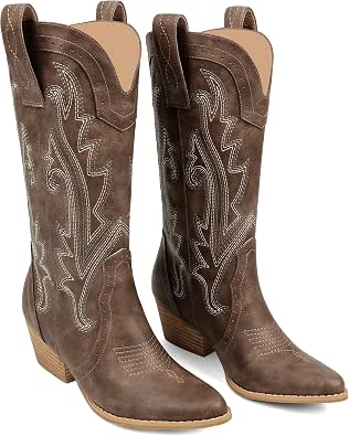Women's Mid Calf Cowboy Boots – Embroidered Square Toe Western Boots By Dream Pairs