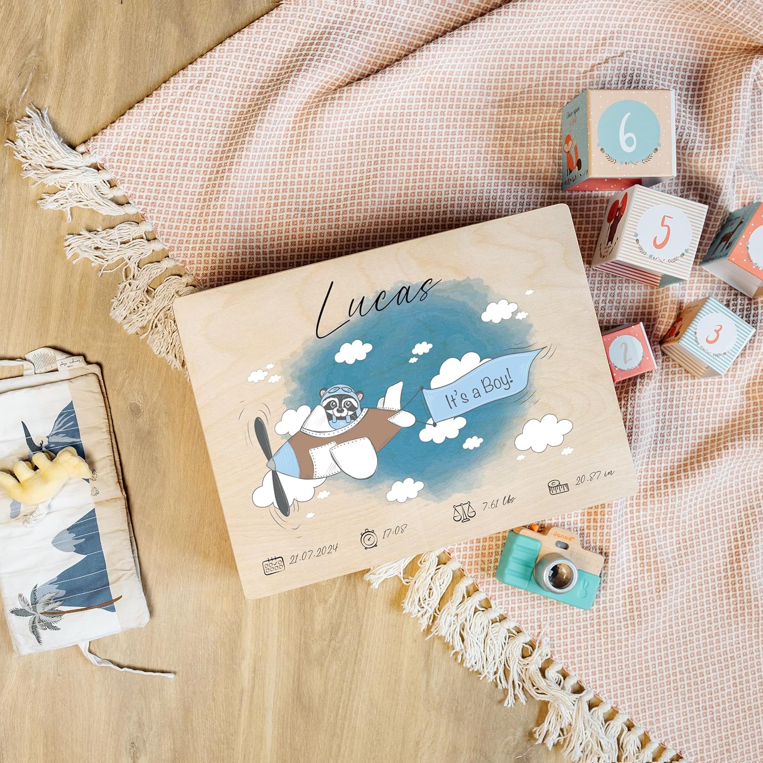 Creative Deco Personalized Wooden Storage Box Baby Shower Baby Memory Box | 15.8x11.8x5.5in (+-0.5) | Racoon | Hinged Lid Engraving | Unpainted Gift Box | UNSANDED Keepsake Souvenir Chest