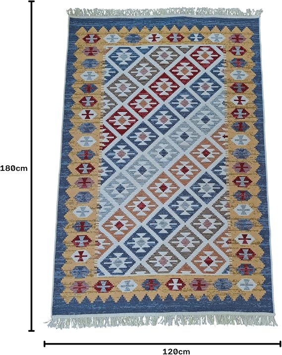 Etnik Desen Kilim, 120 * 180 cm, Çok Renkli, Çift Taraflı, Makinede Yıkanabilir, Düz Dokuma Lüks Pamuklu Kilim