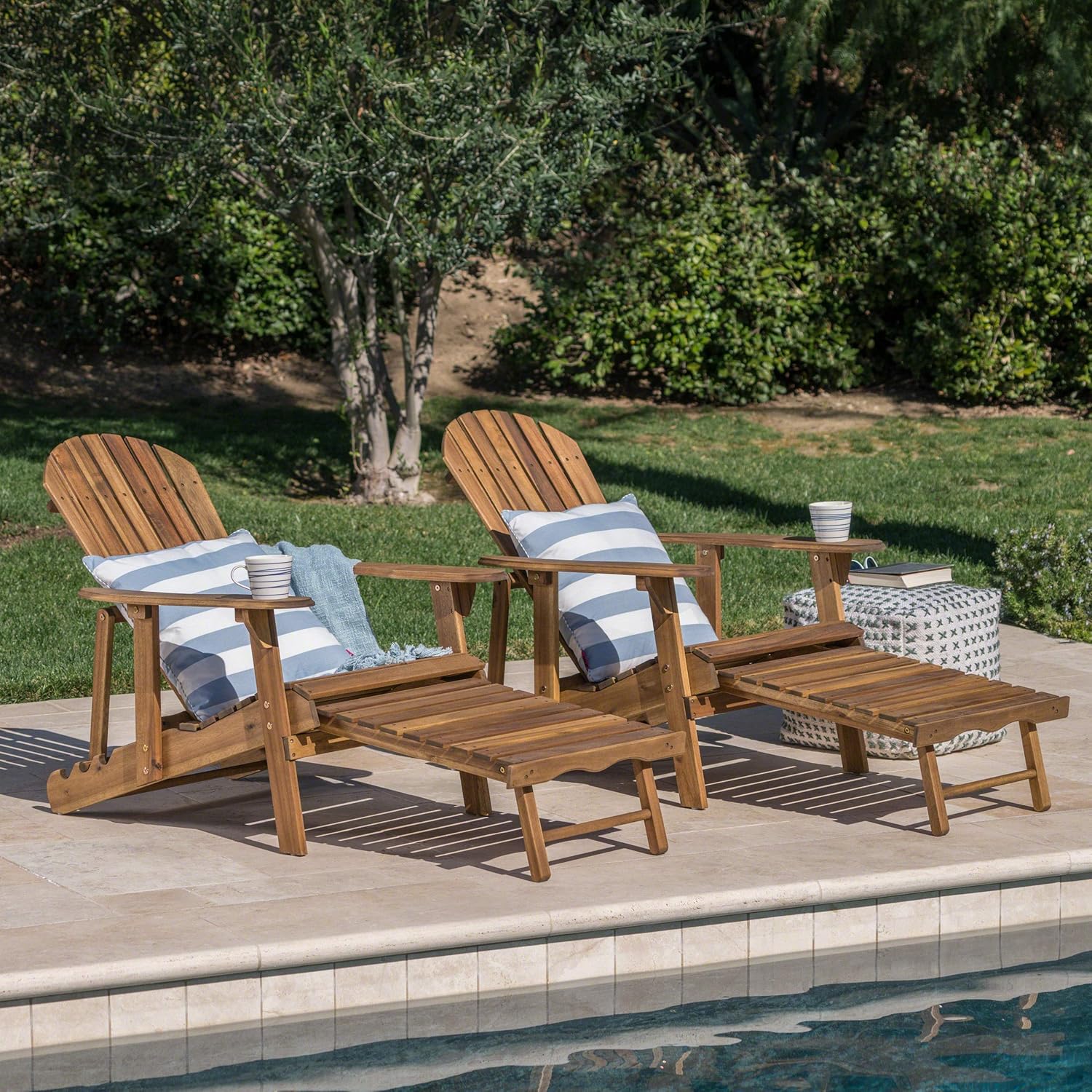 GDFStudio Noble House Hayle Reclining Wood Adirondack Chair w/Footrest (Set of 2) Natural