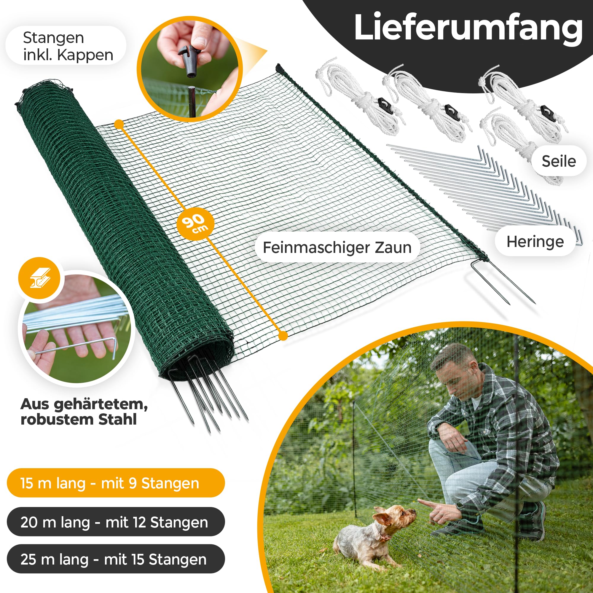 NATURIZ® Weidezaun mobiler Hundezaun 15m 90cm hoch extrem stabil