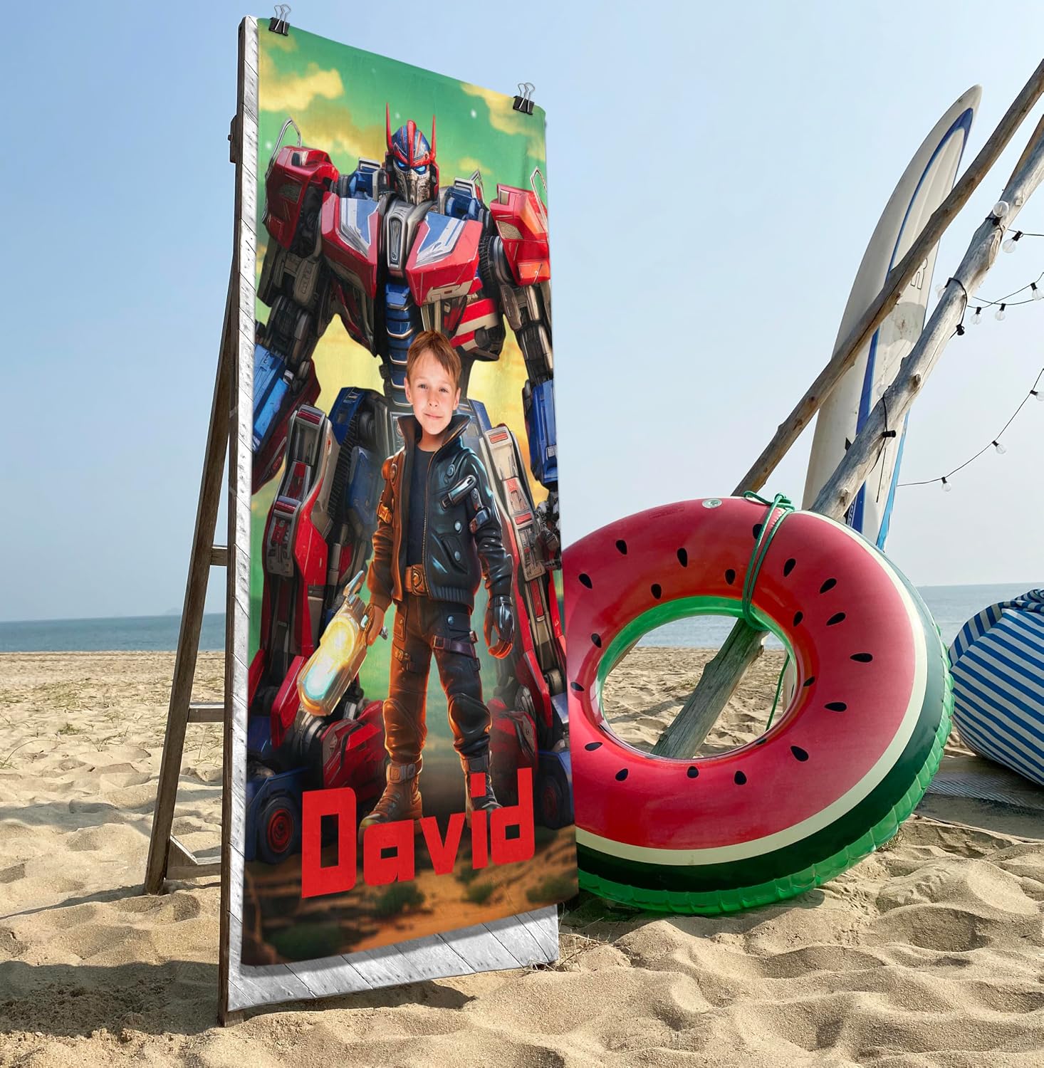 Factory4me Personalized Beach Towels for Kids, Robot Themed Custom Picture Gifts for Boys 6-8 Men Boyfriend, Custom Towels with Names and Photos 30 x 60, Beach Vacation Gifts for Birthday Easter KC60