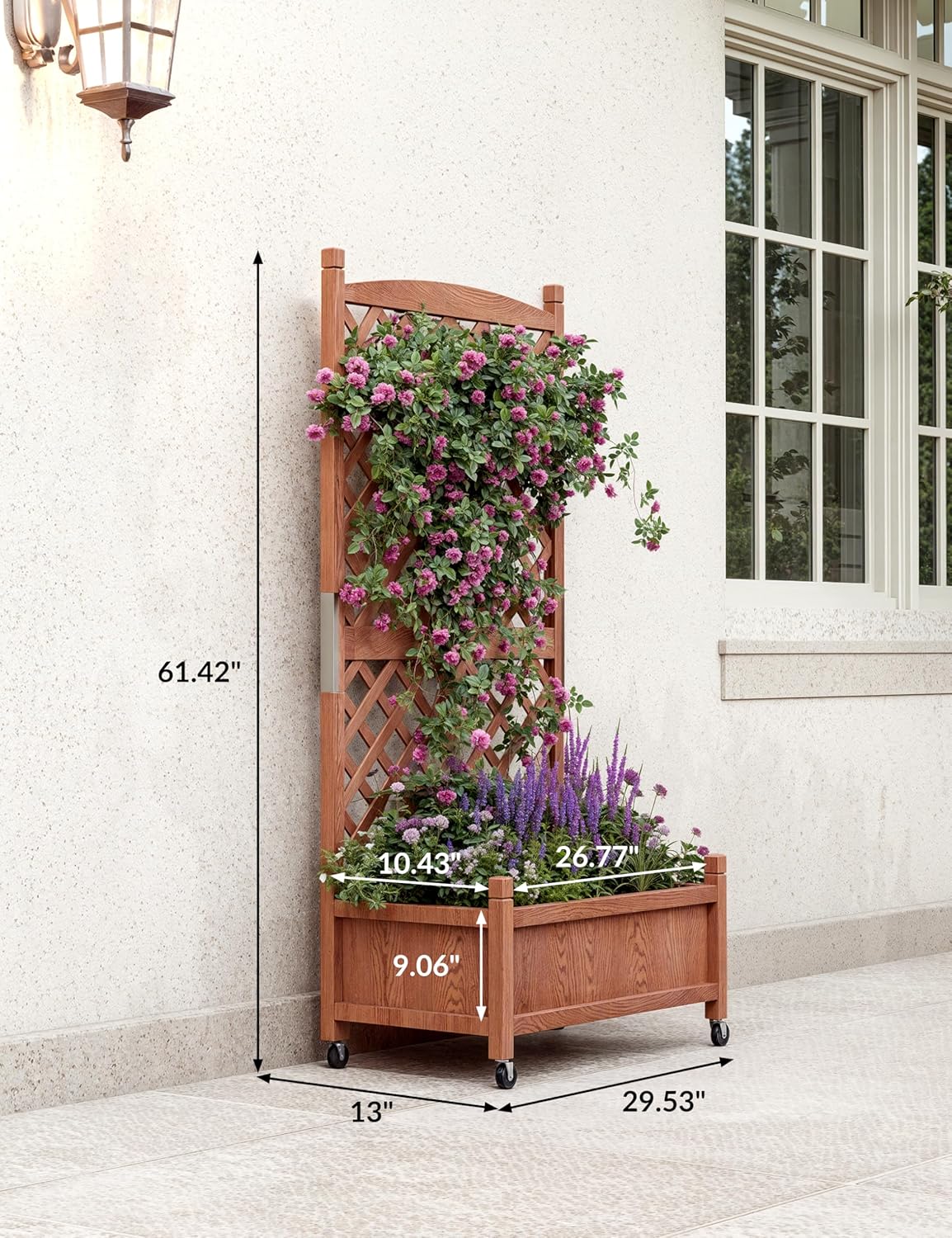 29.5 in x13 in x61.5 in Wooden Planter Box with Trellis & Locking Wheels - Elevated Garden Bed with Drainage for Plants/Flowers - Easy Assembly for Yard, Balcony or Indoor Gardening, 2 PCS