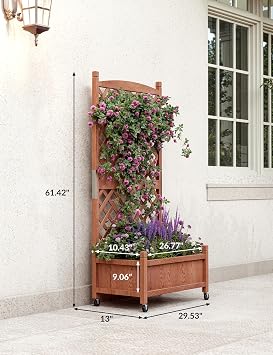2PCS Planter Box with Trellis - 61x26x30 Raised Garden Bed with Diamond Lattice Trellis & Wheels, Privacy Planters for Patio, Wood Outdoor Planter with Drainage Holes for Climbing Plants, Flowers
