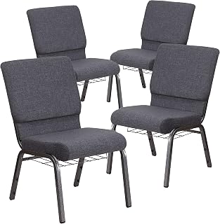 Flash Furniture 4 Pack HERCULES Series 18.5''W Church Chair in Dark Gray Fabric with Book Rack - Silver Vein Frame